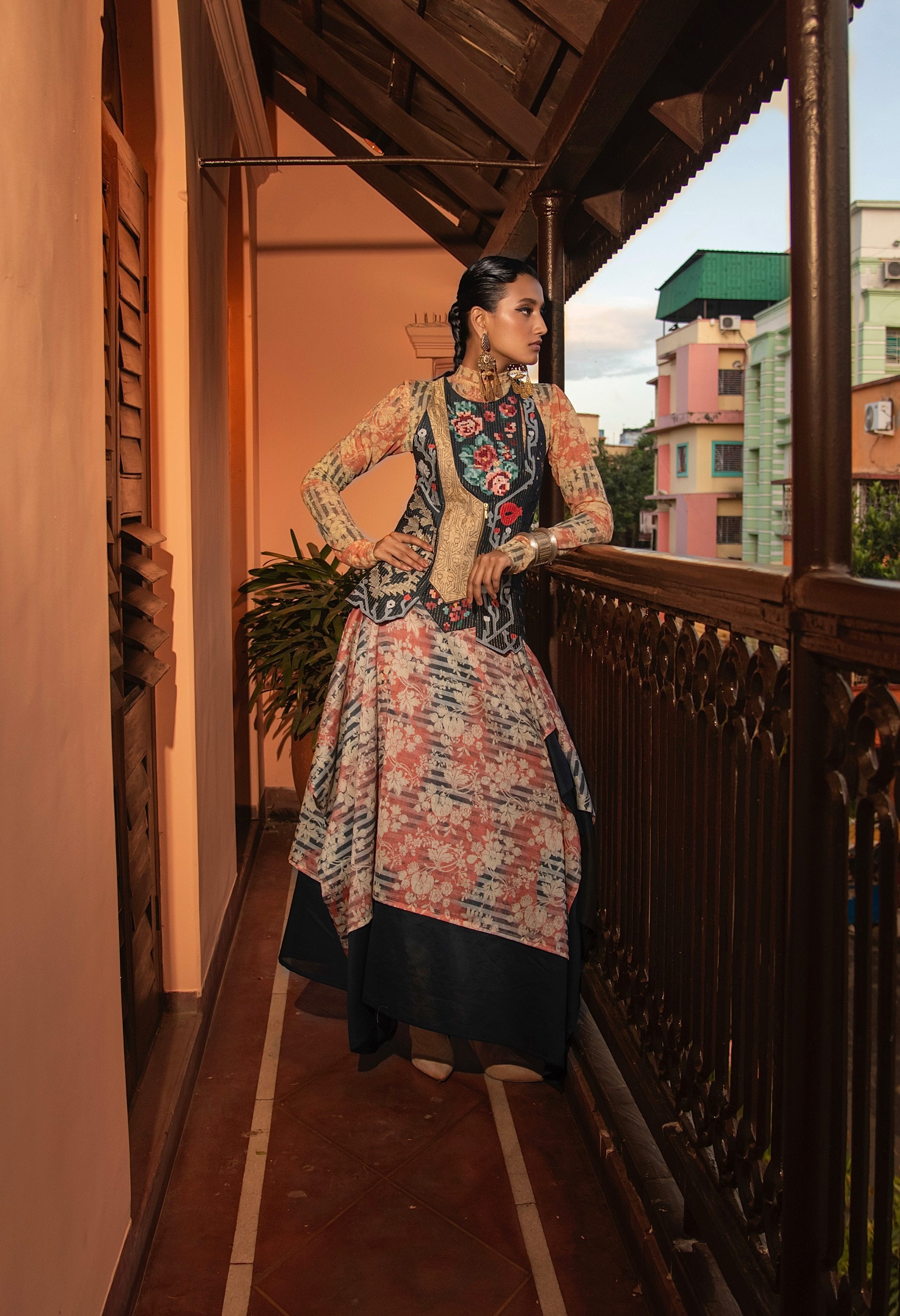 EMB ANGRAKHA STYLE JACKET + ZIPPERED ASSYMTRICAL DOUBLE LAYERED SKIRT WITH BODYSUIT
