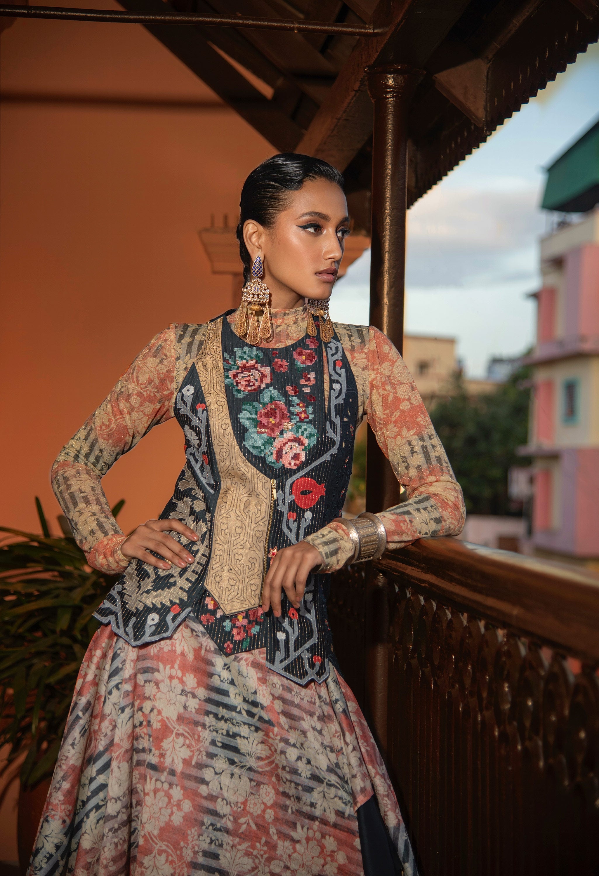 EMB ANGRAKHA STYLE JACKET + ZIPPERED ASSYMTRICAL DOUBLE LAYERED SKIRT WITH BODYSUIT