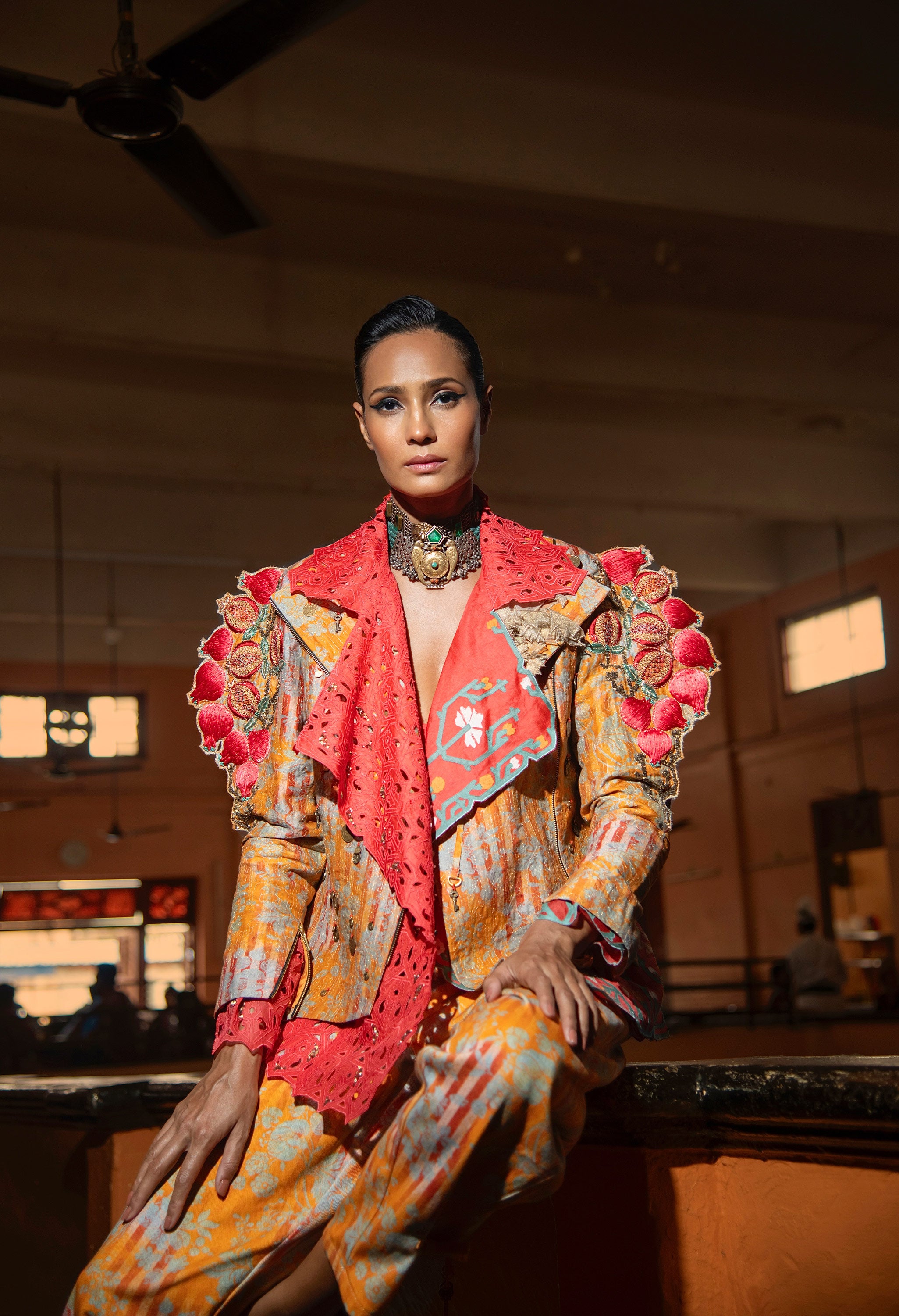 EMB ORGANZA SHORT TRENCH + 3D POMEGRANTE EMB QUILTED JACKET + STRIPED CARROT FIT DENIMS