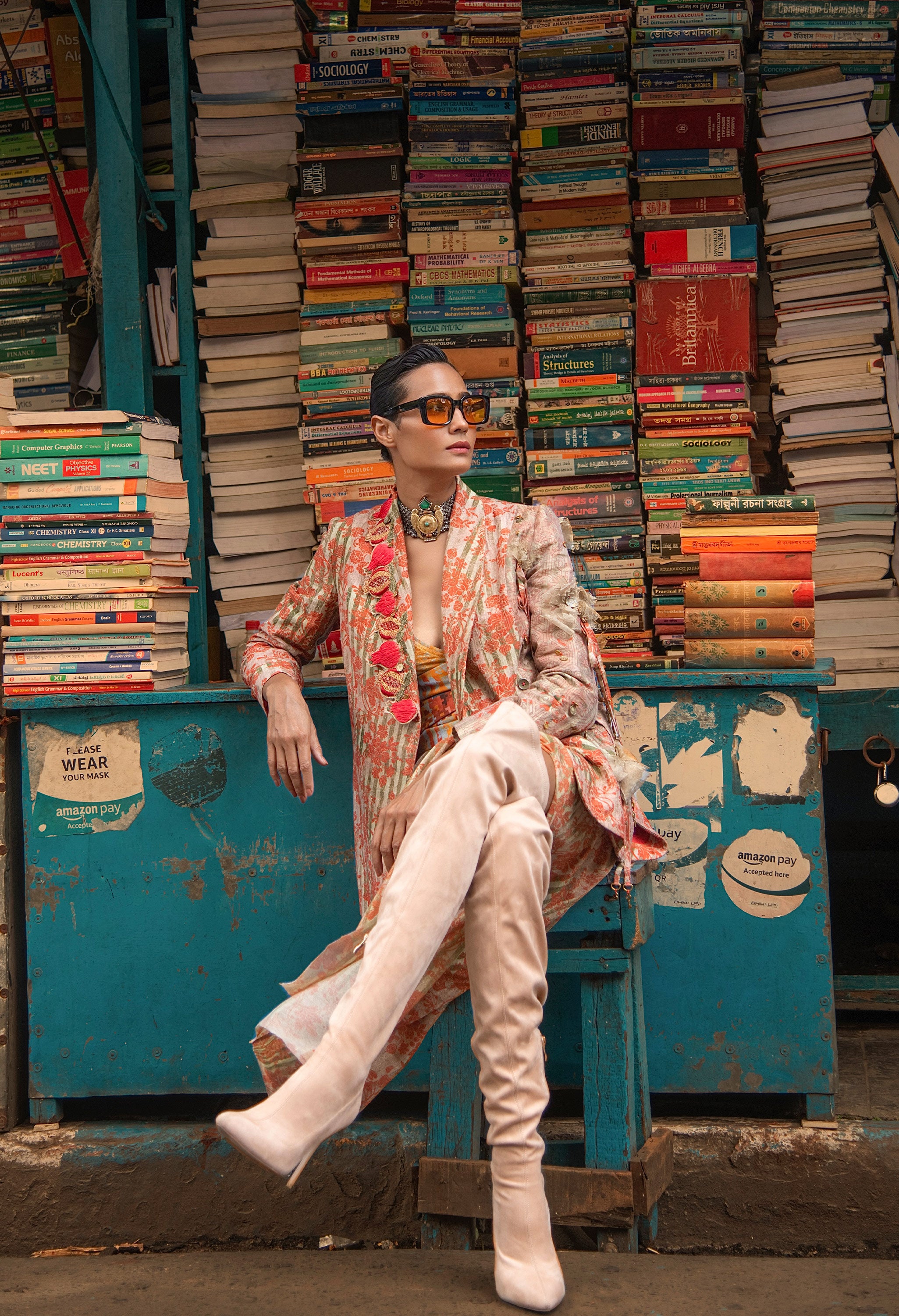 POMEGRANTE EMB LAPEL JACKET DOUBLE BREASTED JACKET WITH PRINTED DRAPED JERSEY SKIRT