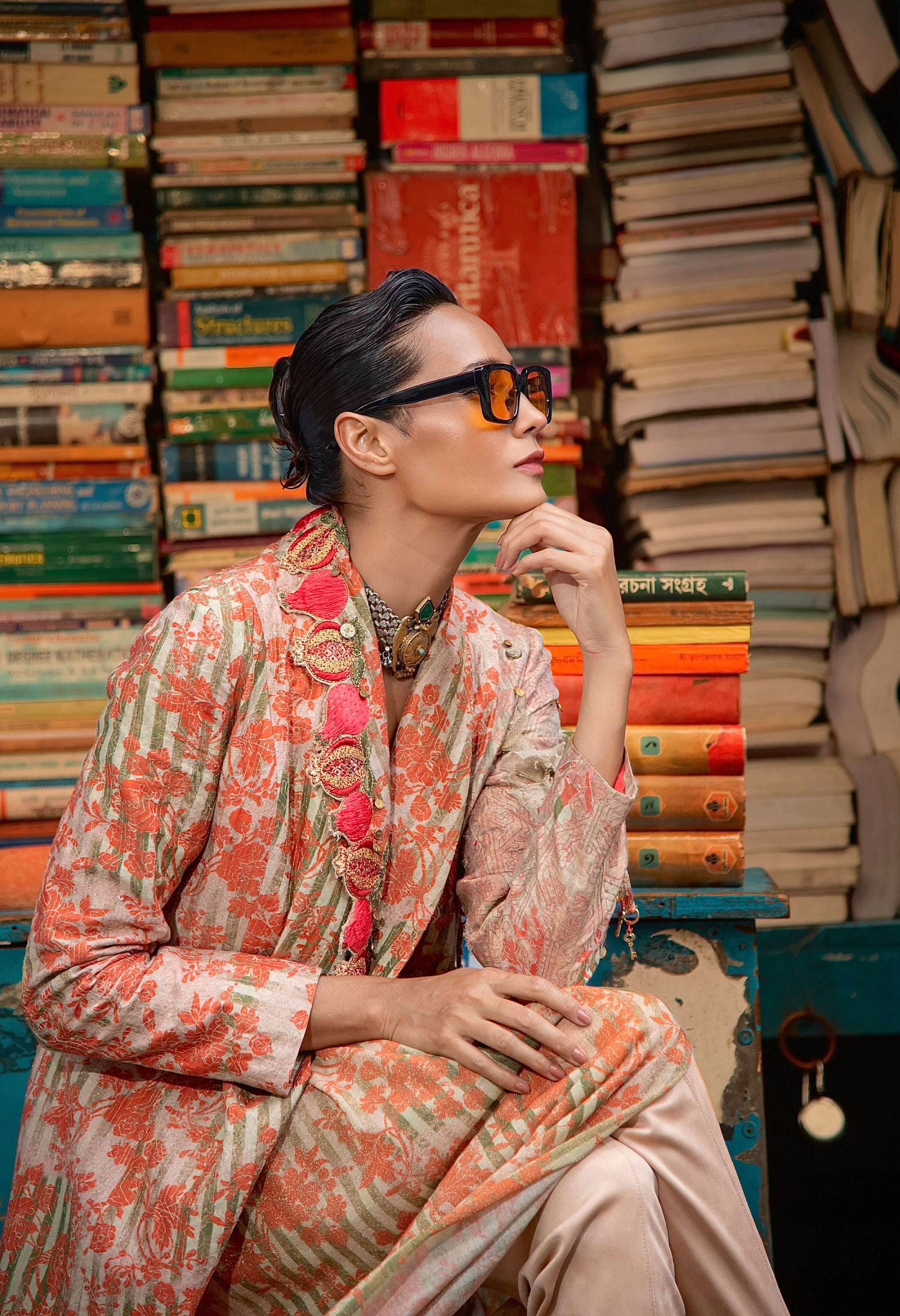 POMEGRANTE EMB LAPEL JACKET DOUBLE BREASTED JACKET WITH PRINTED DRAPED JERSEY SKIRT