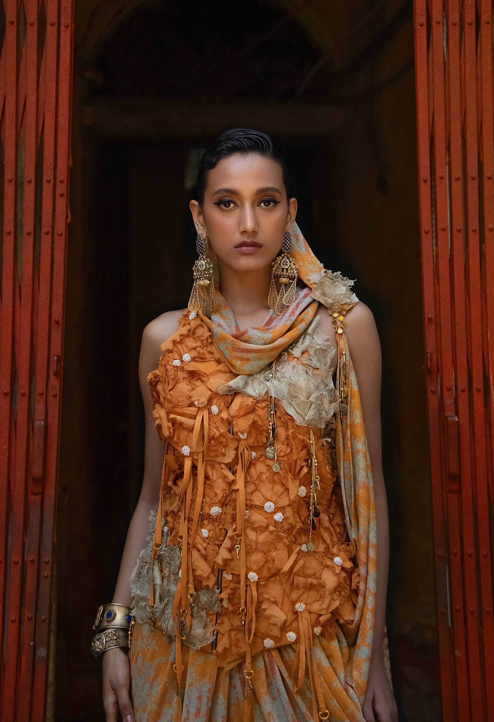 3D FLOWER RACER BACK JACKET WITH GOLD JERSEY DRAPED SARI