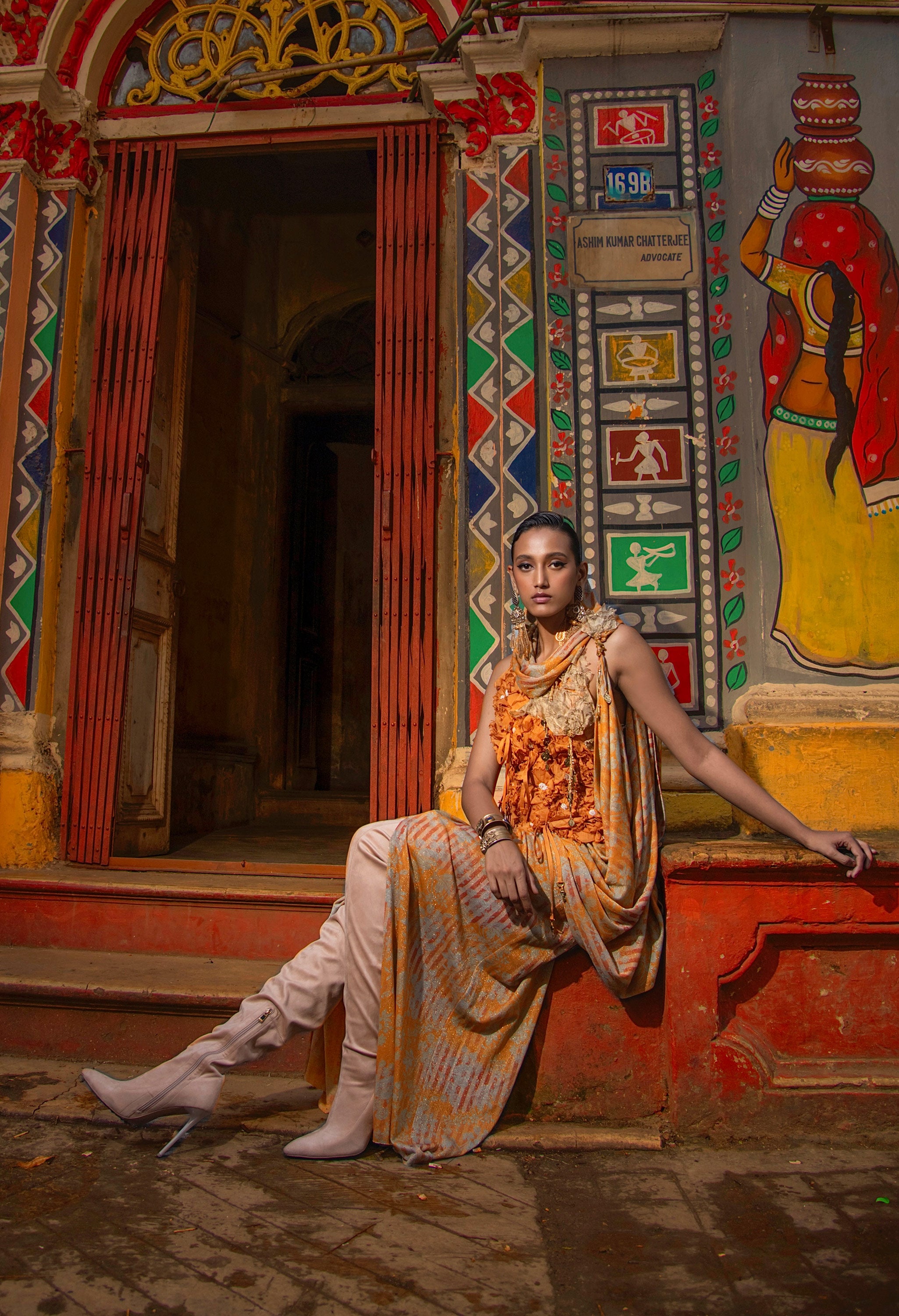 3D FLOWER RACER BACK JACKET WITH GOLD JERSEY DRAPED SARI