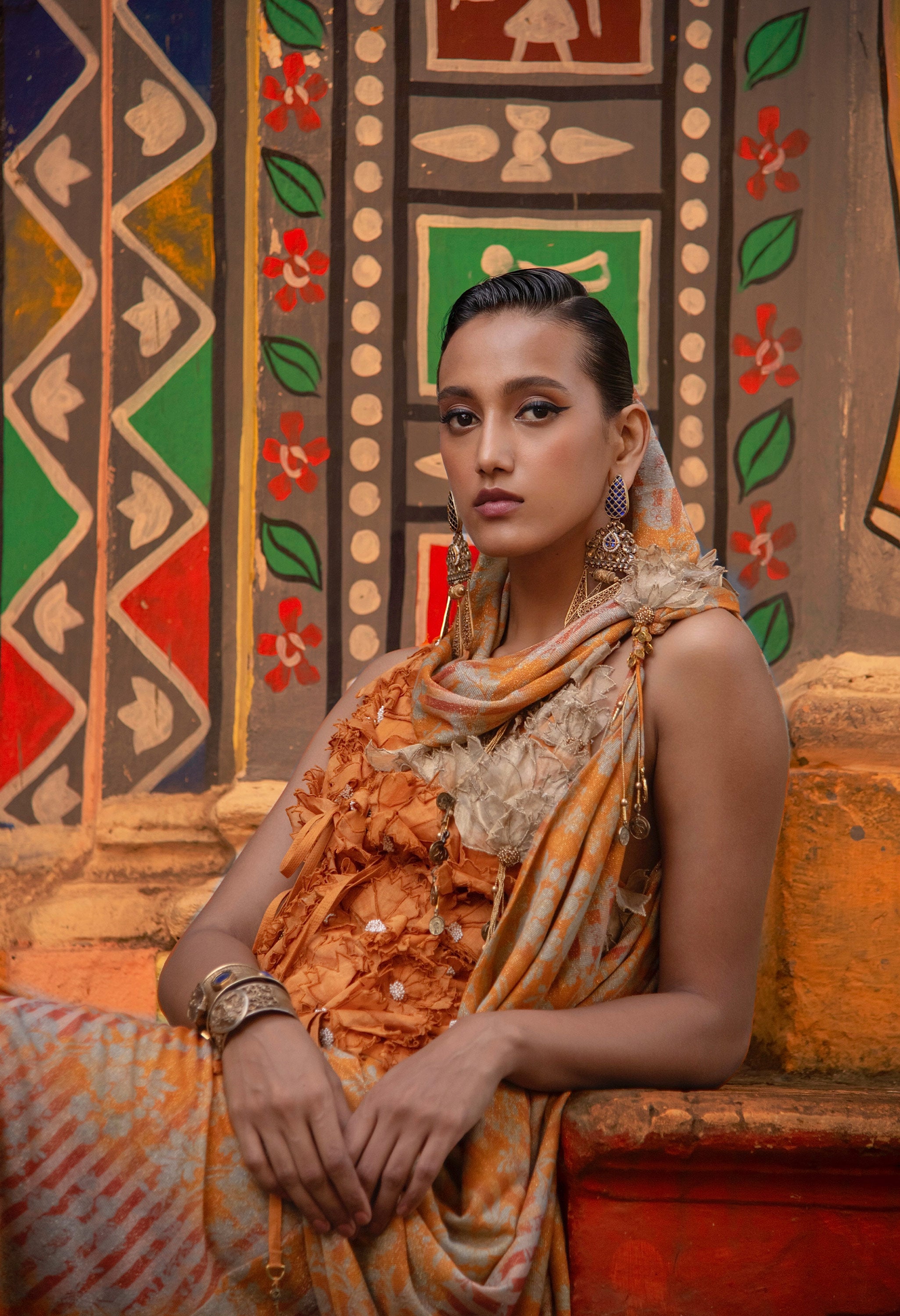 3D FLOWER RACER BACK JACKET WITH GOLD JERSEY DRAPED SARI