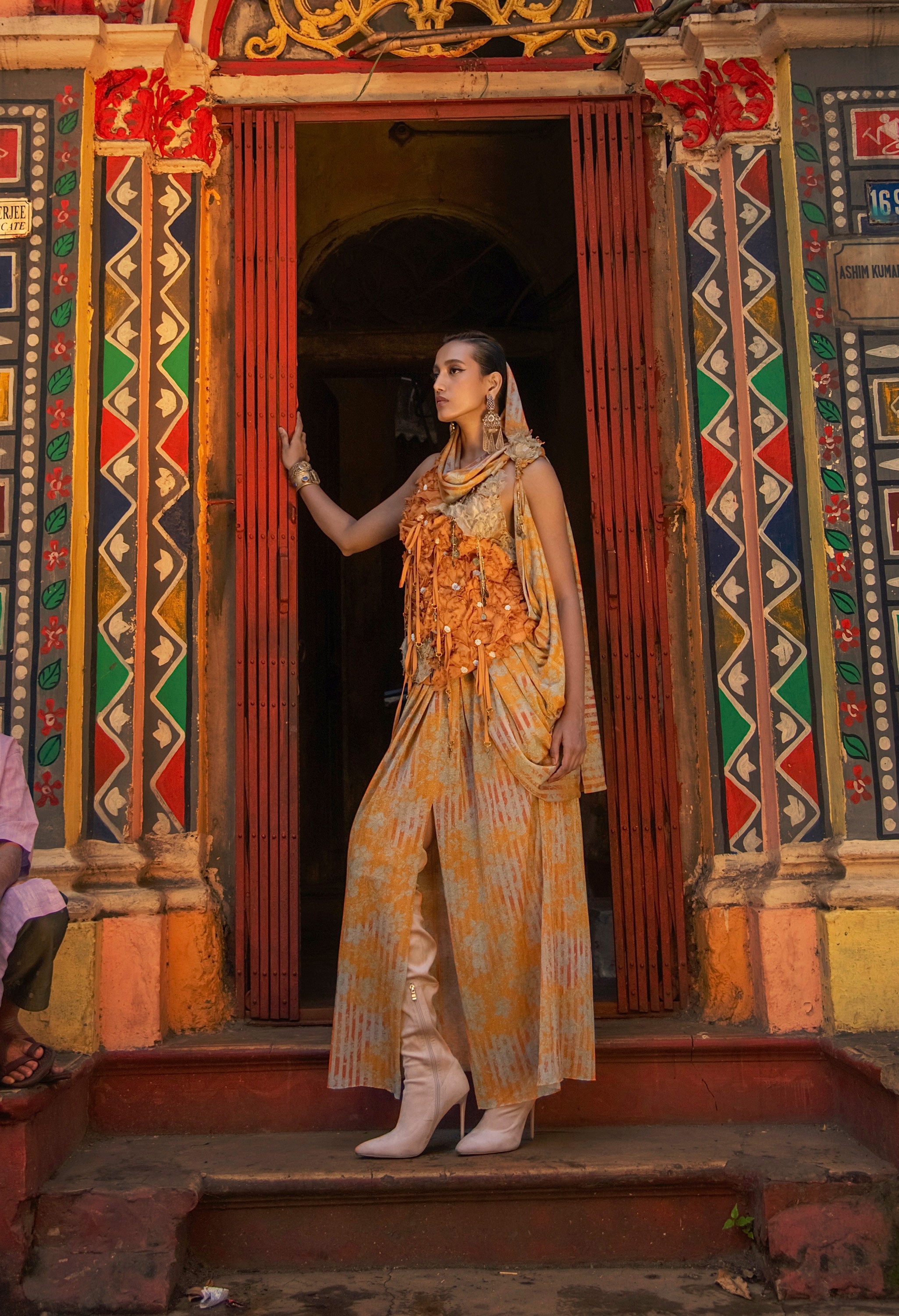3D FLOWER RACER BACK JACKET WITH GOLD JERSEY DRAPED SARI