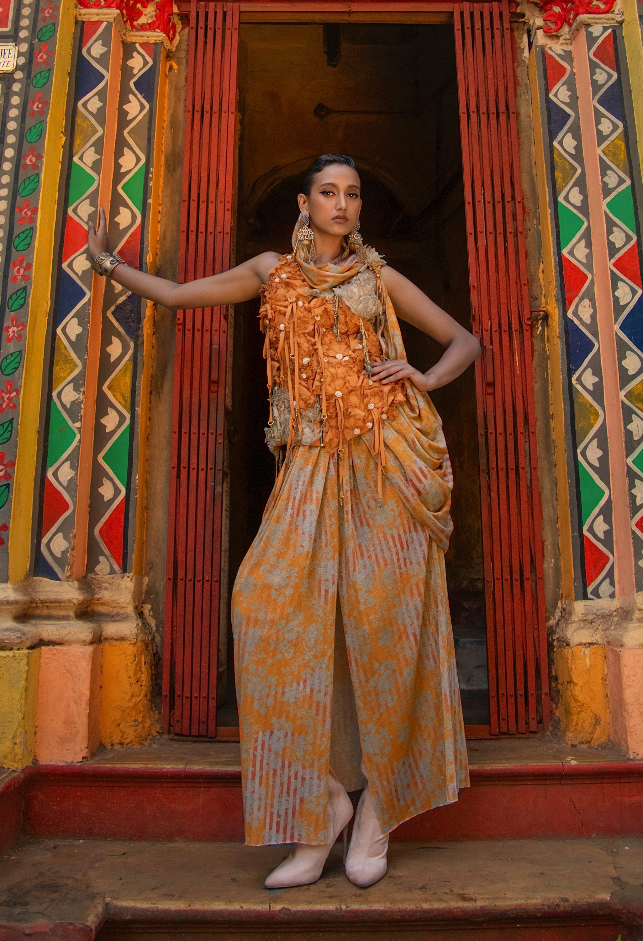 3D FLOWER RACER BACK JACKET WITH GOLD JERSEY DRAPED SARI