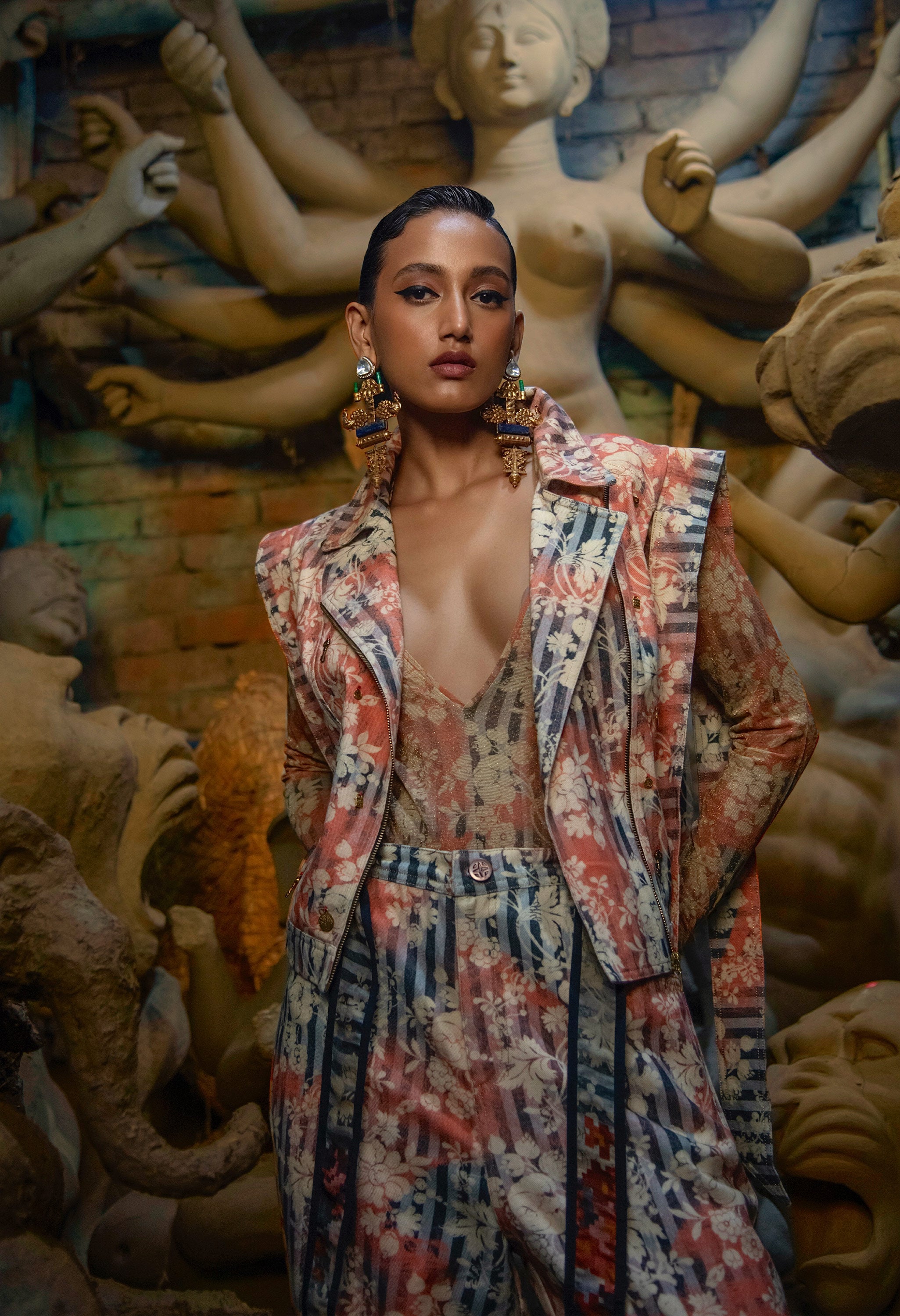 PRINTED DENIM BIKER JACKET WITH PRINTED CARROT FIT DENIMS AND BODYSUIT