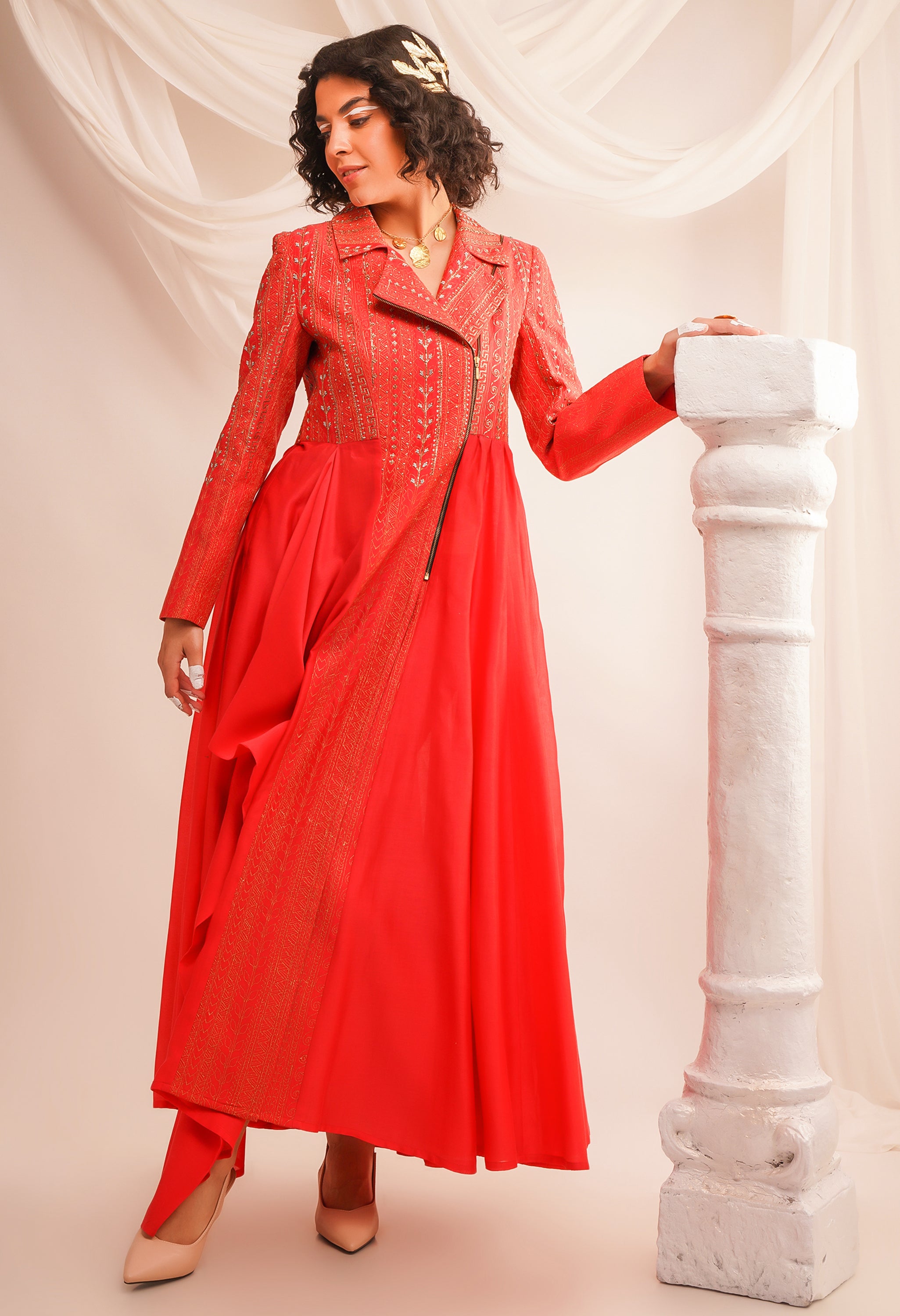 TEXTURED EMBROIDERED BIKER ANARKALI WITH PANTS