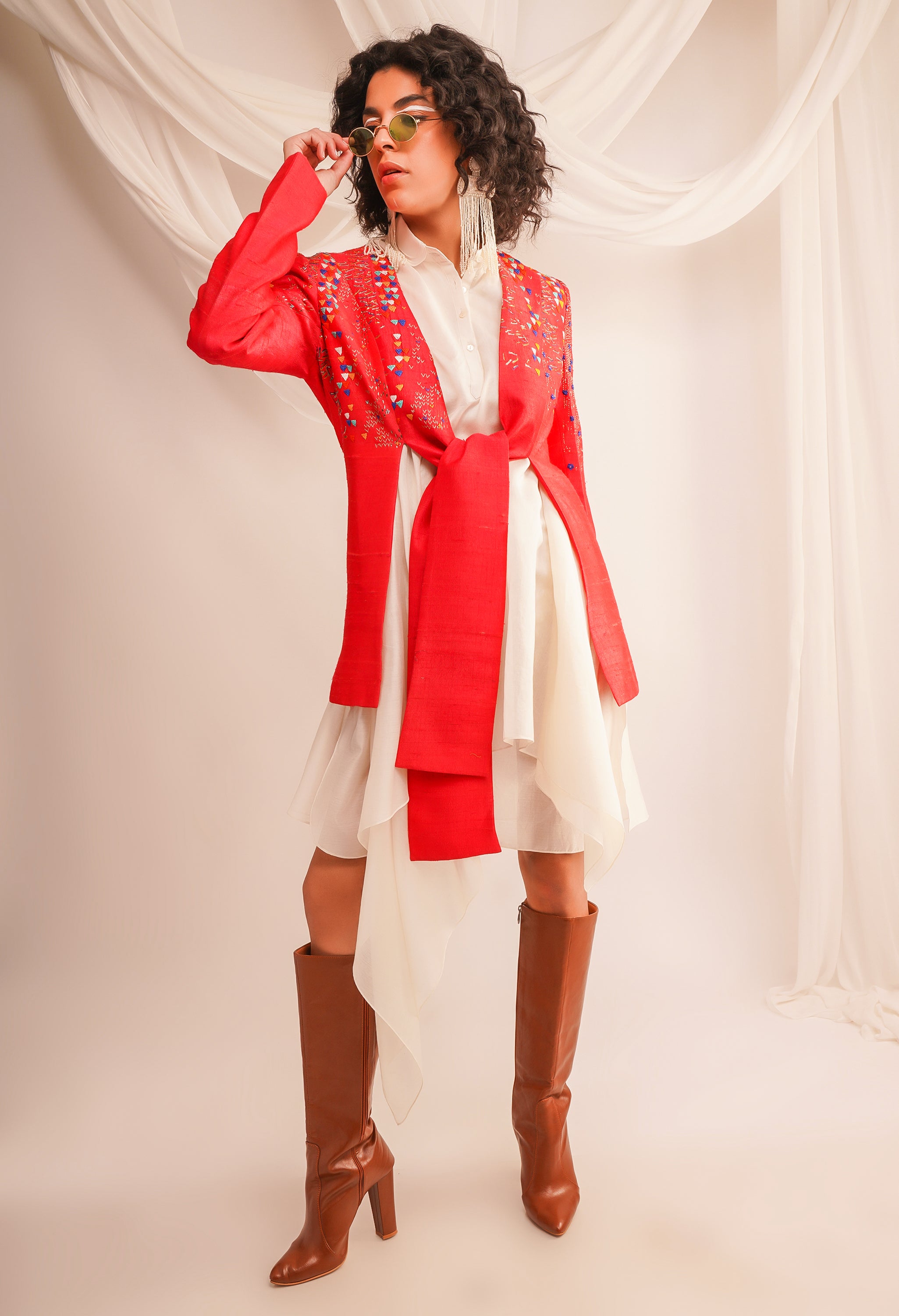 TEXTURED EMROIDERED KNOTTED DUPIAN JACKET WITH ASSYMTRICAL CHANDERI SHIRT AND PANTS
