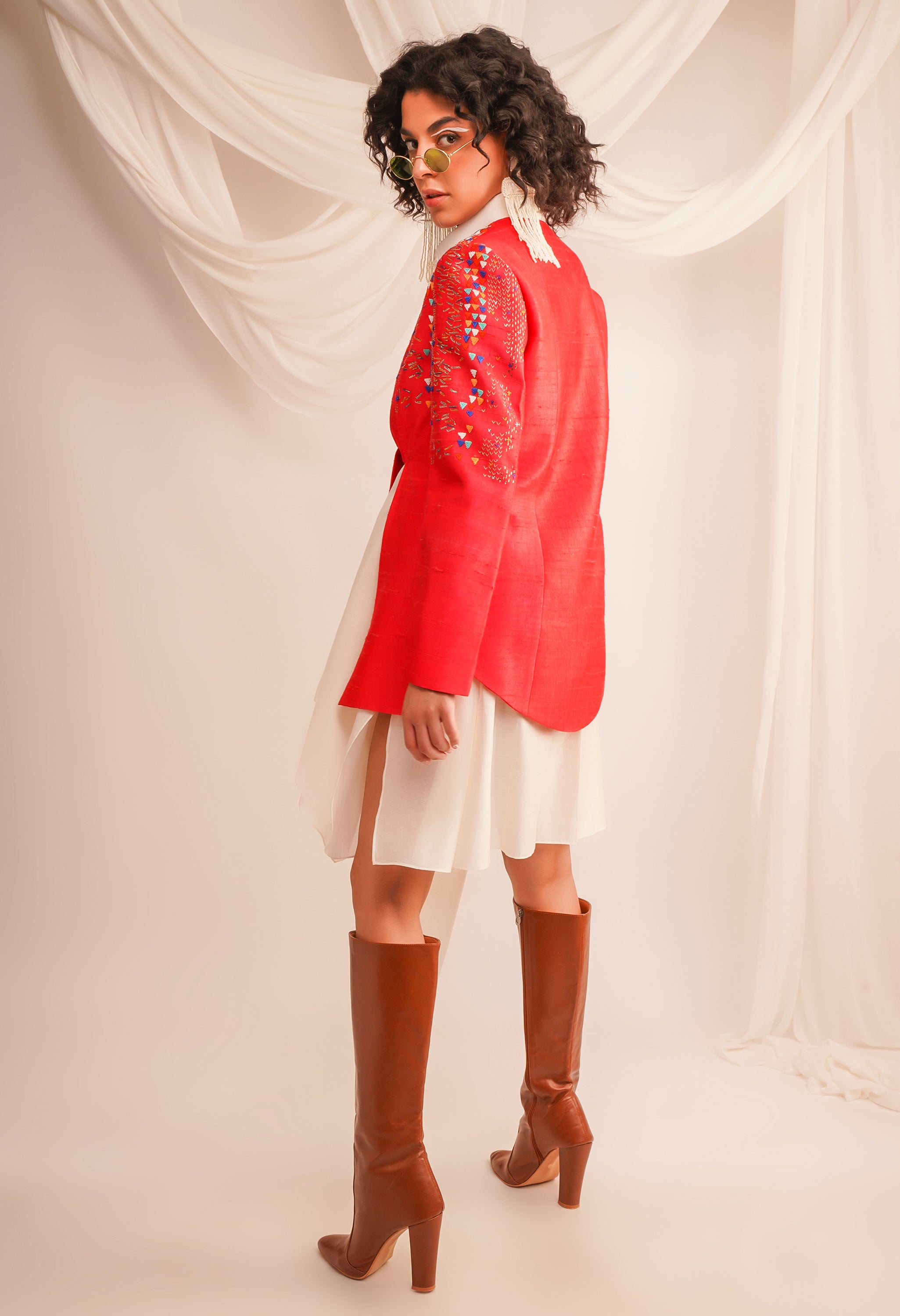 TEXTURED EMROIDERED KNOTTED DUPIAN JACKET WITH ASSYMTRICAL CHANDERI SHIRT AND PANTS