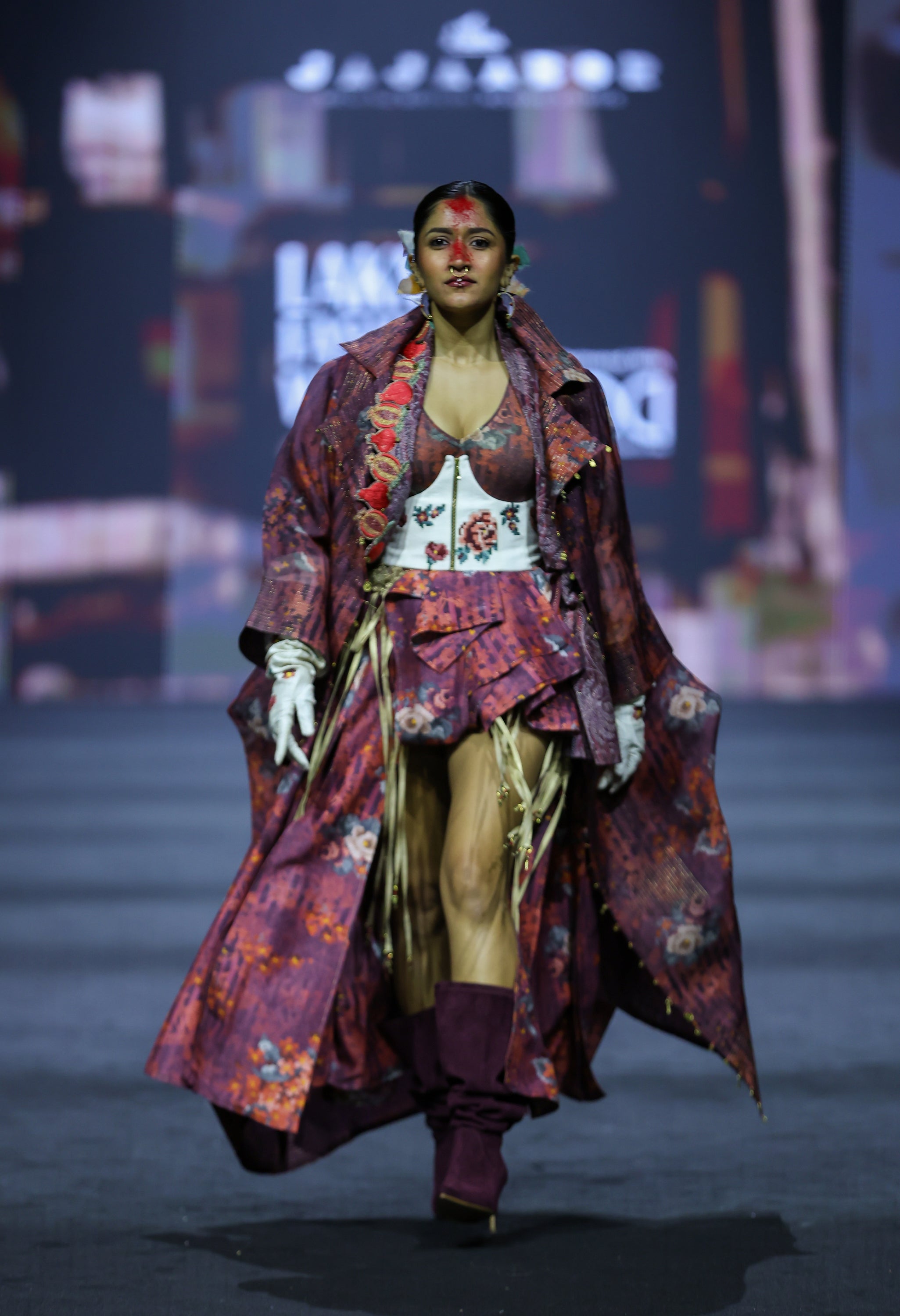 PRINTED LONG DECONSTRUCTED JACKET WITH BODYSUIT AND PRINTED PANELLD SKIRT