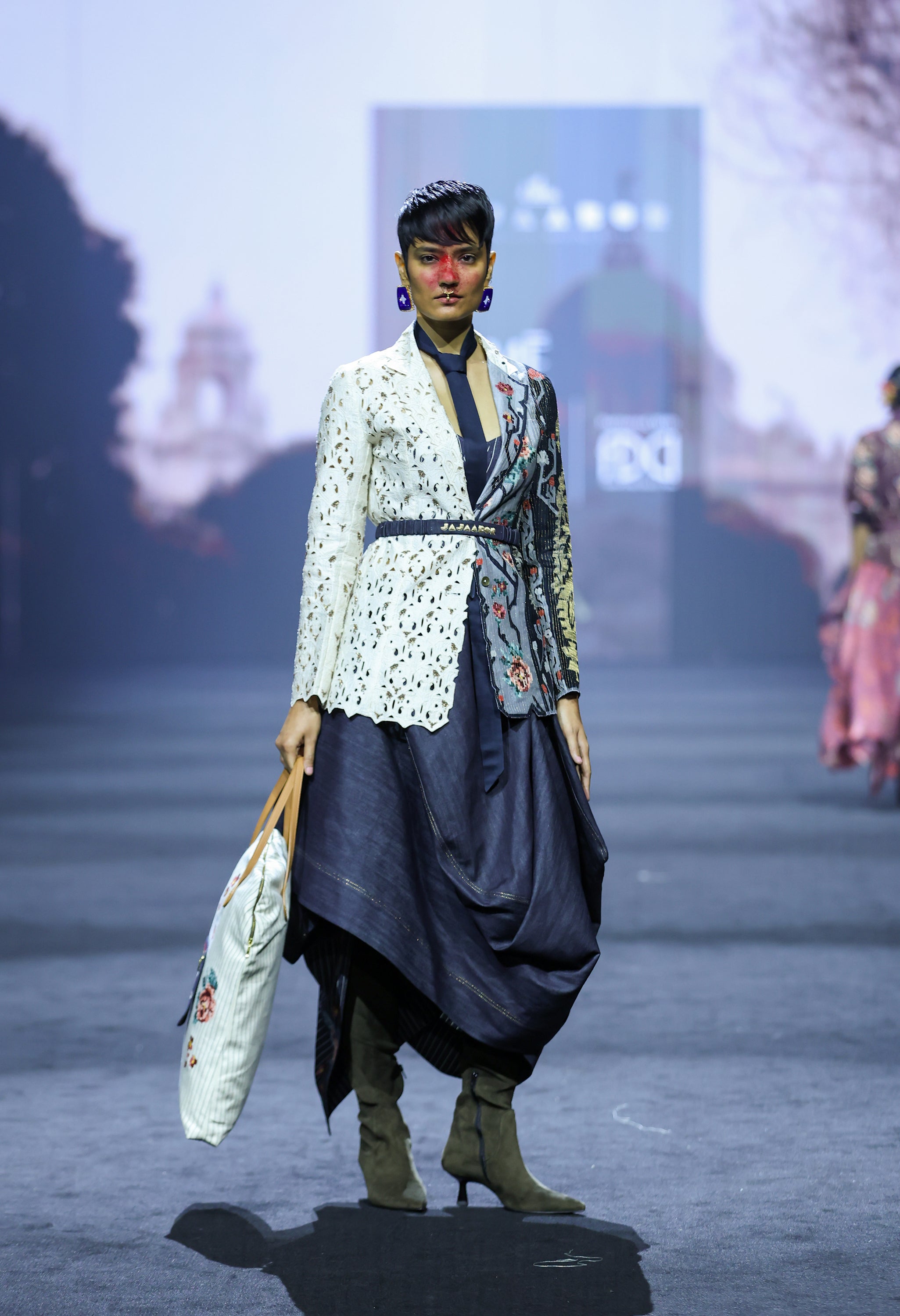 TRI COLORED KNOTCH COLLAR JACKET WITH STRIPED DENIM CORSET AND DENIM BARREL SKIRT