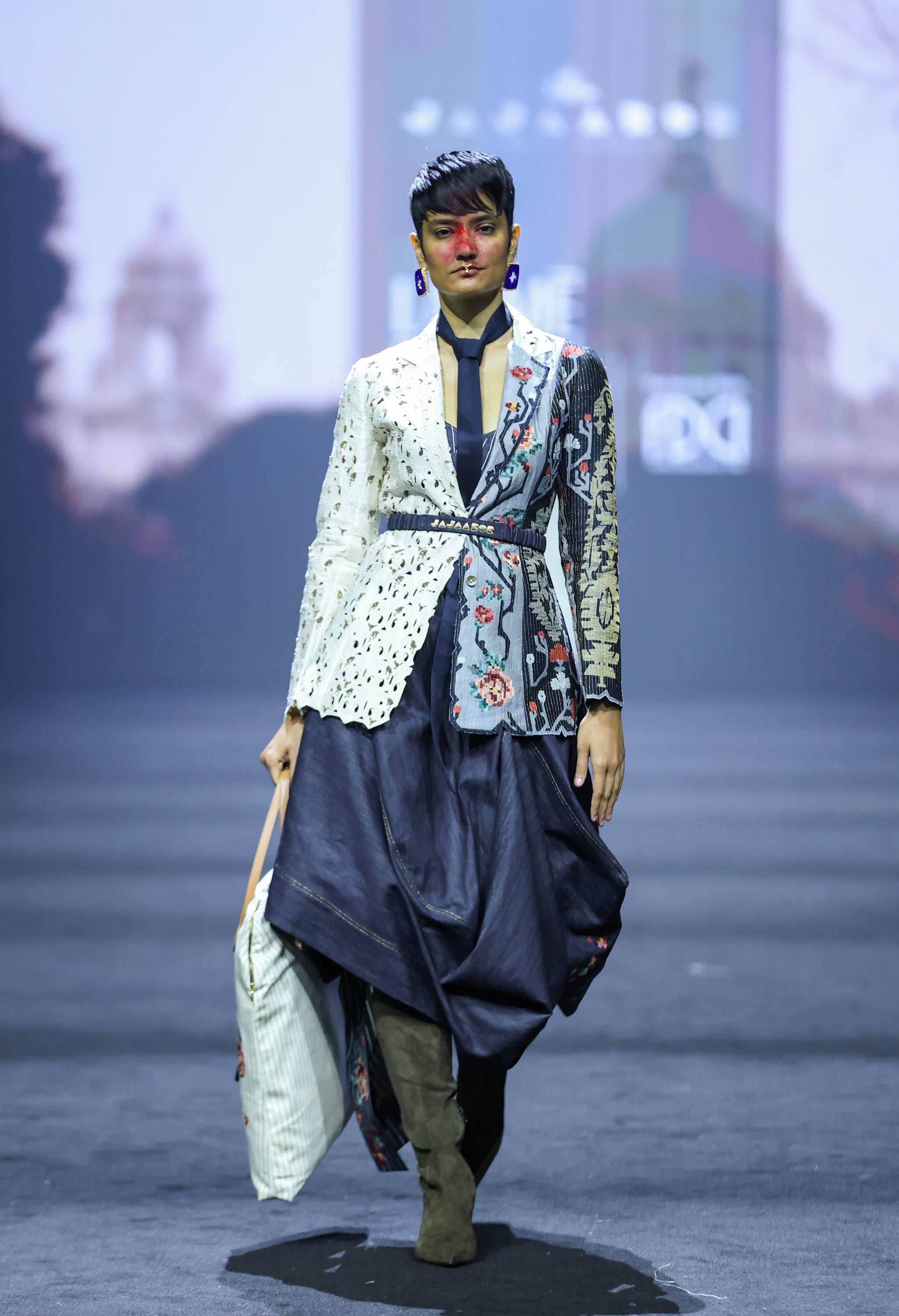 TRI COLORED KNOTCH COLLAR JACKET WITH STRIPED DENIM CORSET AND DENIM BARREL SKIRT