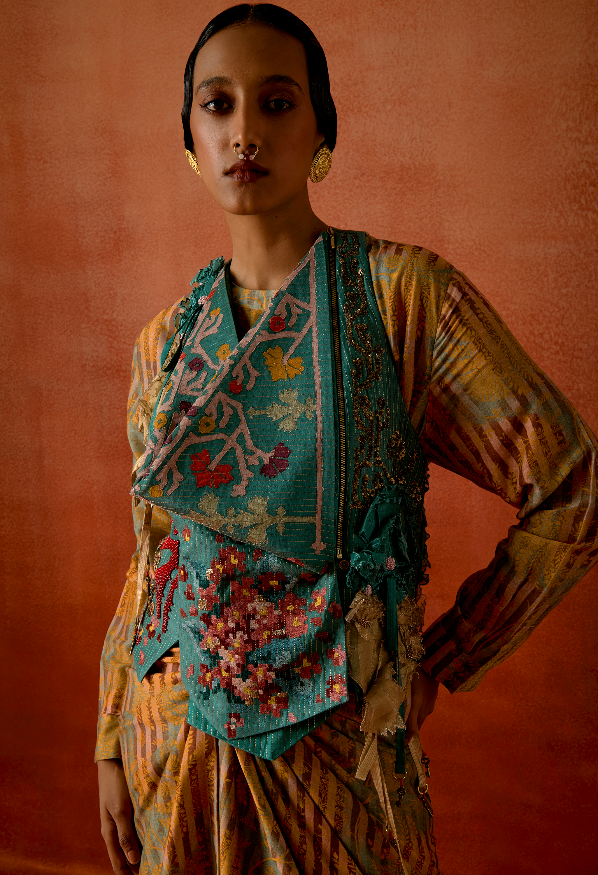 EMB ENGINEERED COWL RACER BACK JACKET + PRINTED PULL UP DRESS	JACKET + DRESS