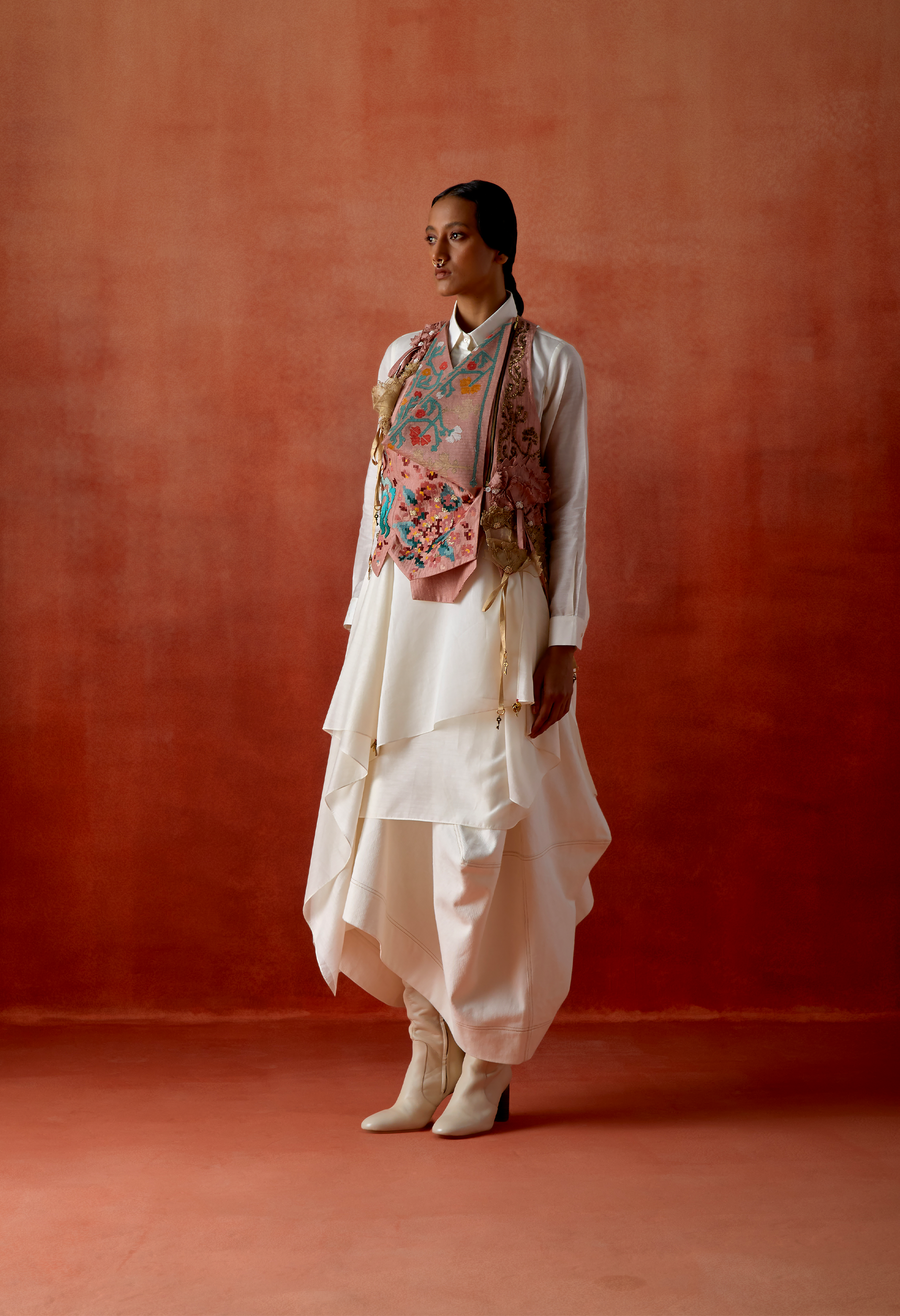 EMB ENGINEERED COWL RACER BACK JACKET + DRAPED SHIRT + DENIM BARREL SKIR