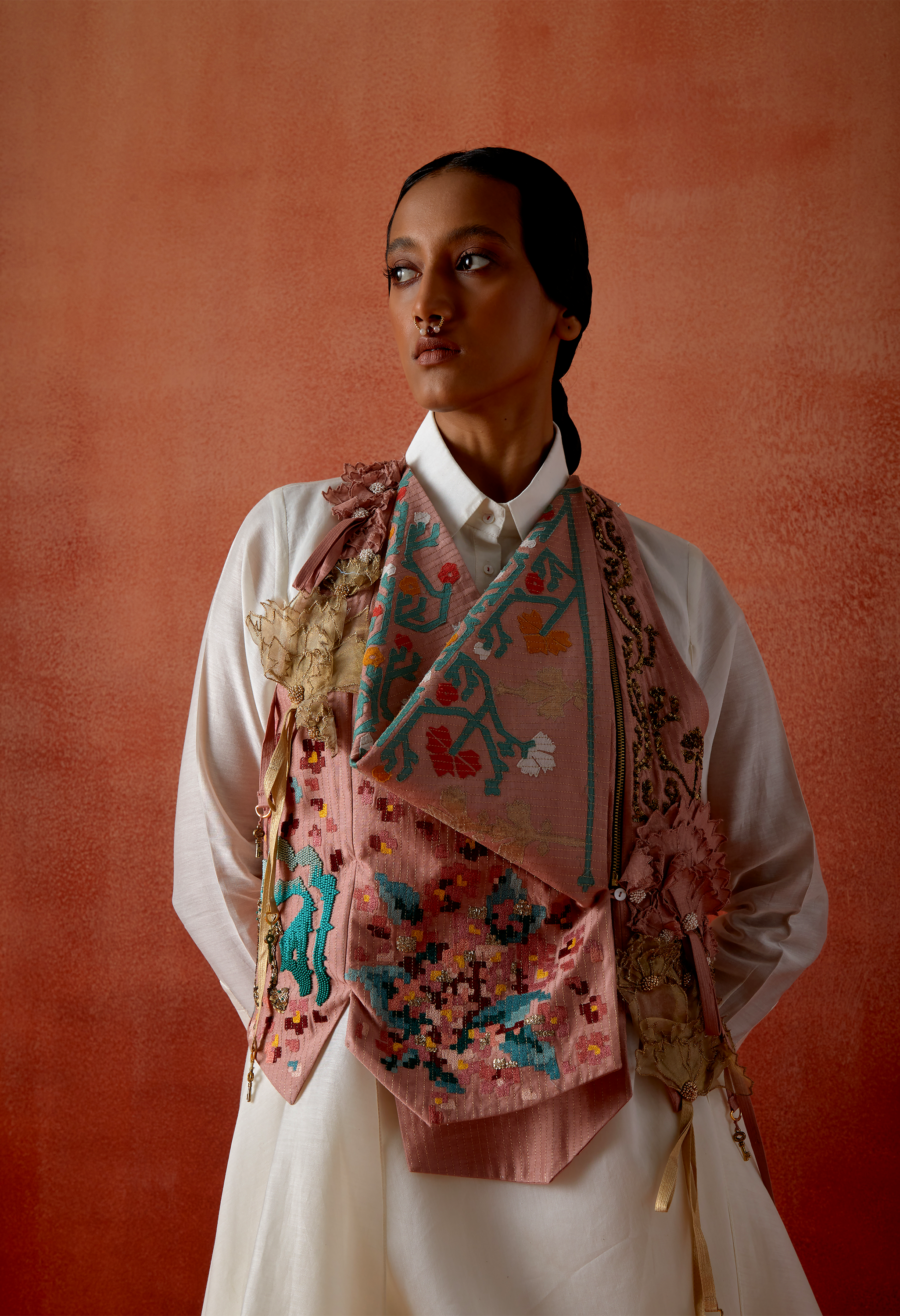 EMB ENGINEERED COWL RACER BACK JACKET + DRAPED SHIRT + DENIM BARREL SKIR