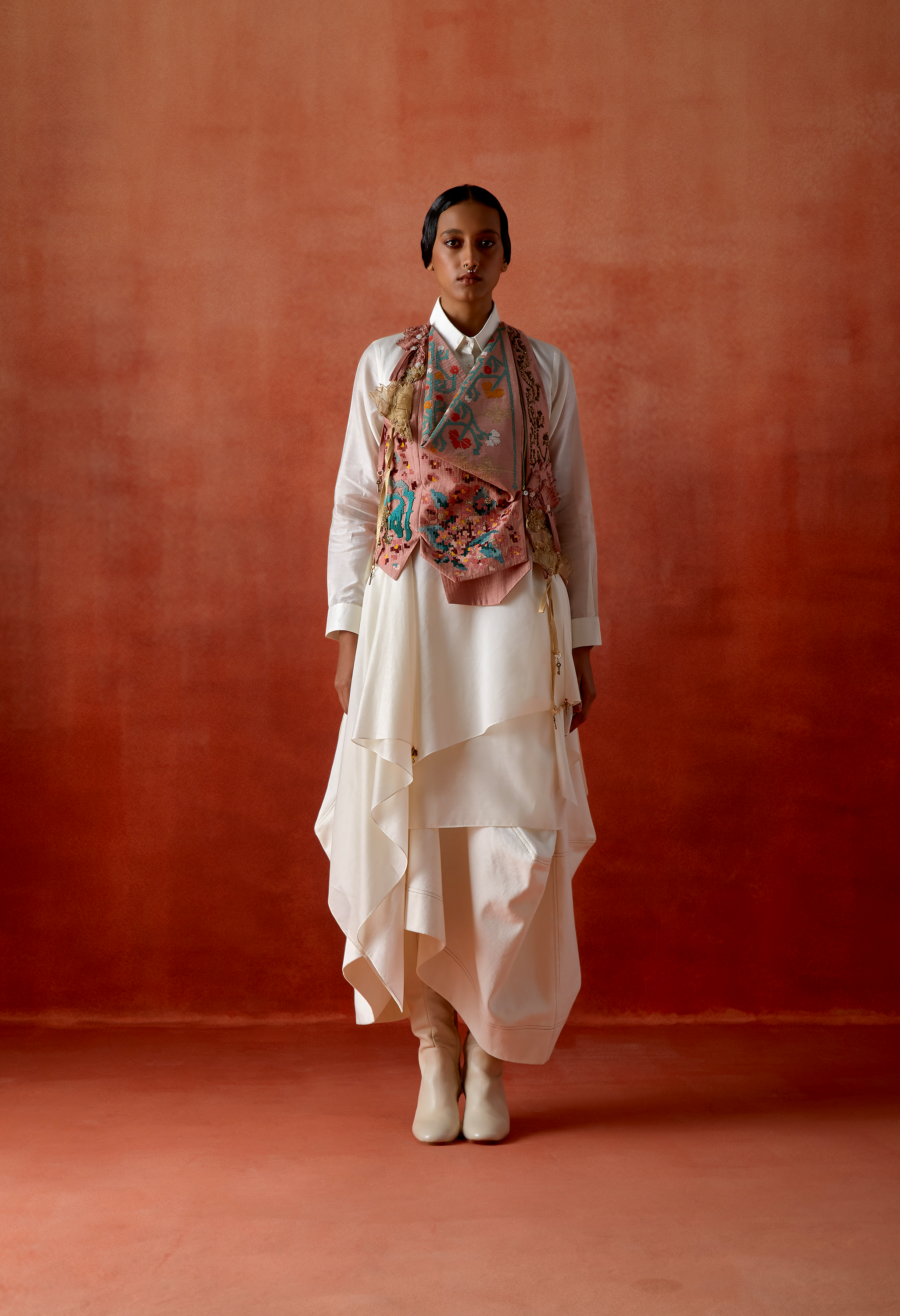 EMB ENGINEERED COWL RACER BACK JACKET + DRAPED SHIRT + DENIM BARREL SKIR