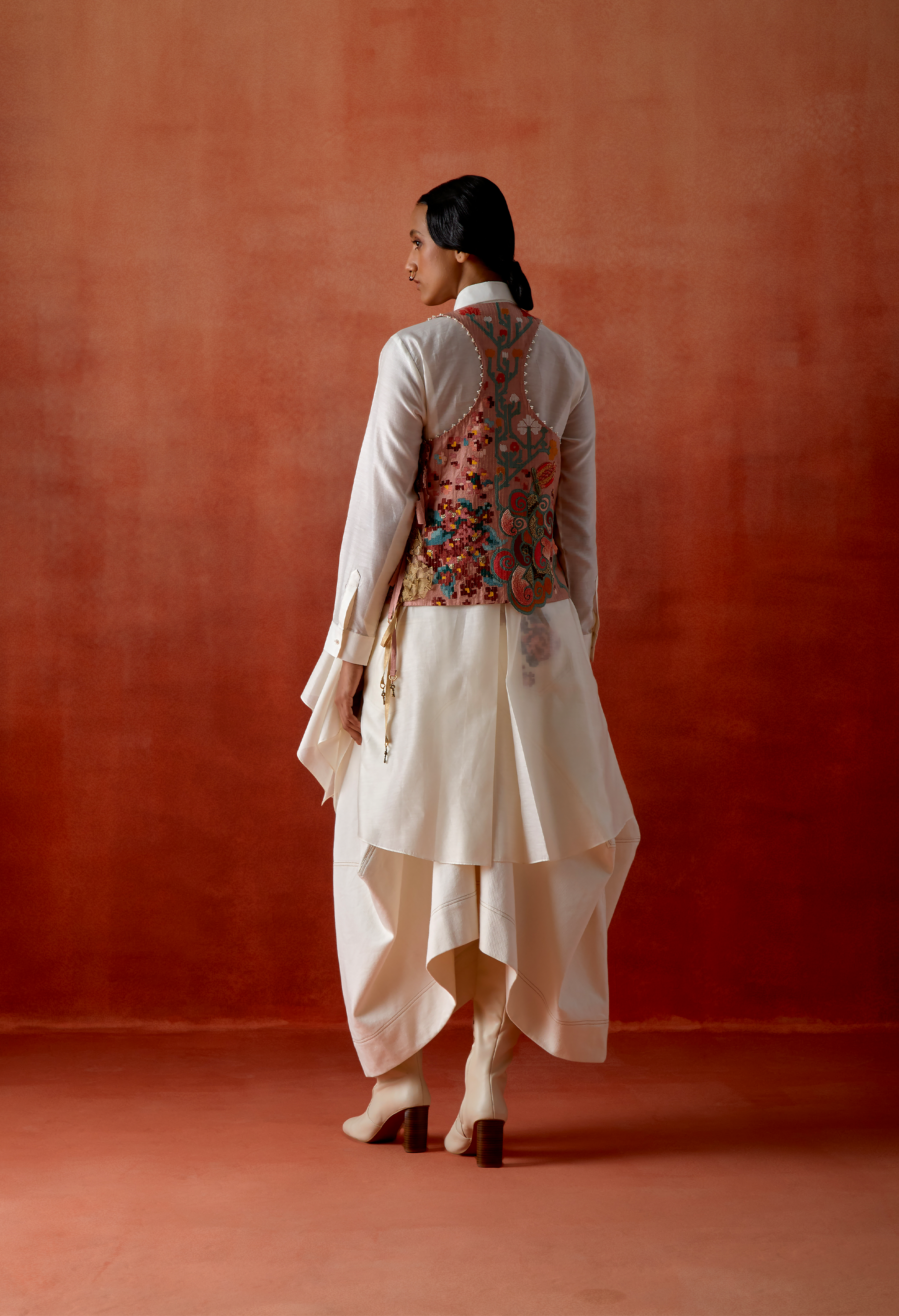 EMB ENGINEERED COWL RACER BACK JACKET + DRAPED SHIRT + DENIM BARREL SKIR