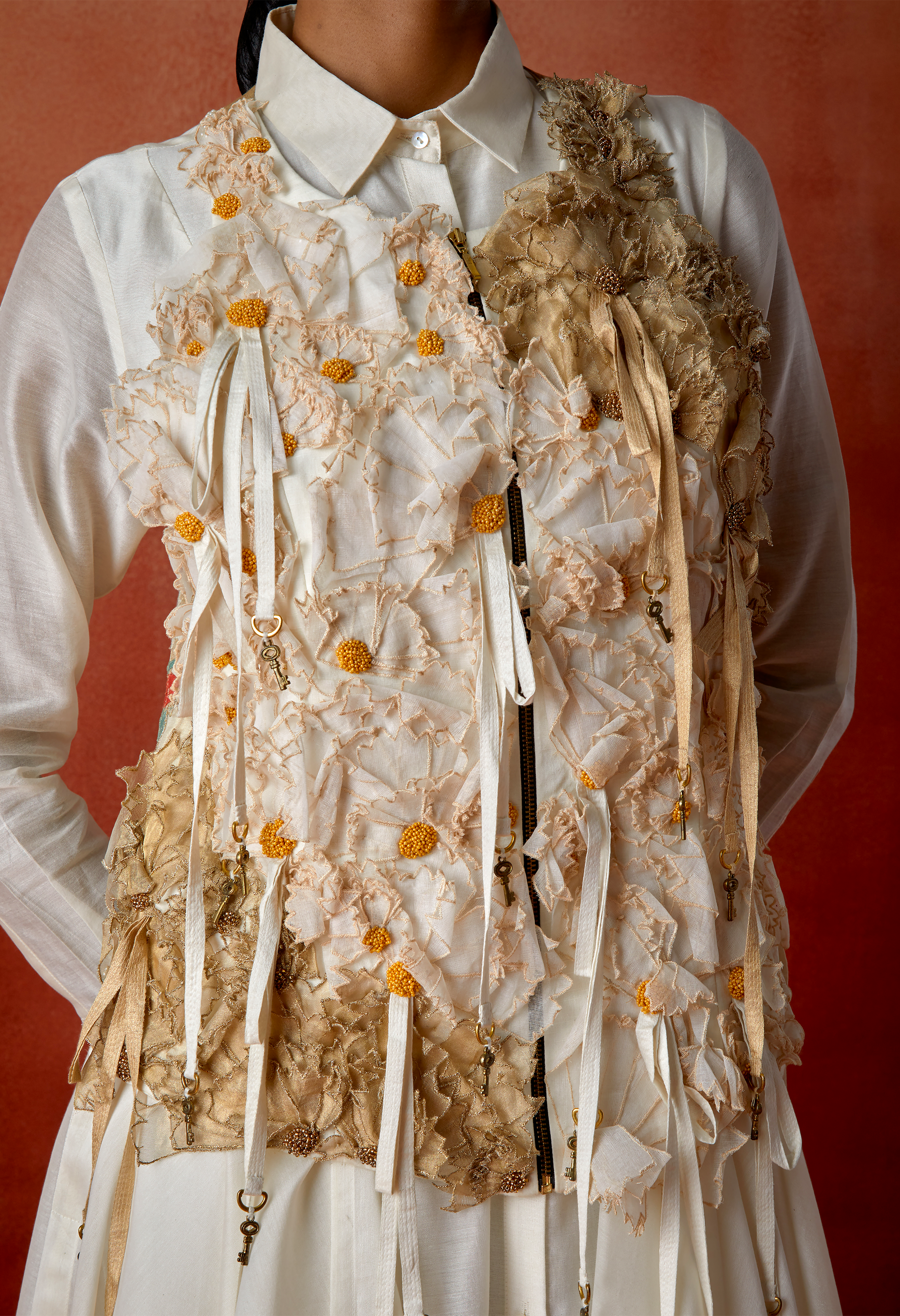 3D FLOWER RACER BACK JACKET + CASCADE SHIRT AND FLARED PANTS