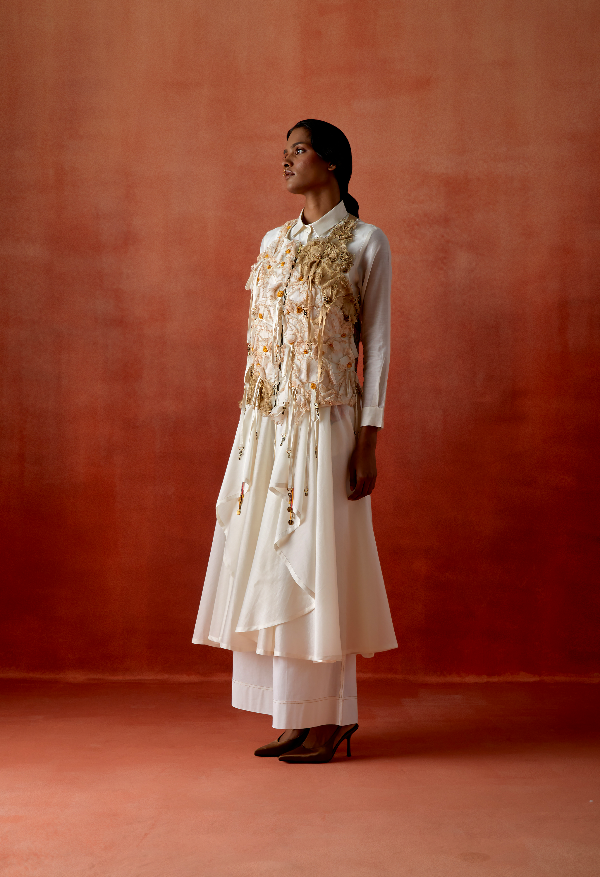 3D FLOWER RACER BACK JACKET + CASCADE SHIRT AND FLARED PANTS