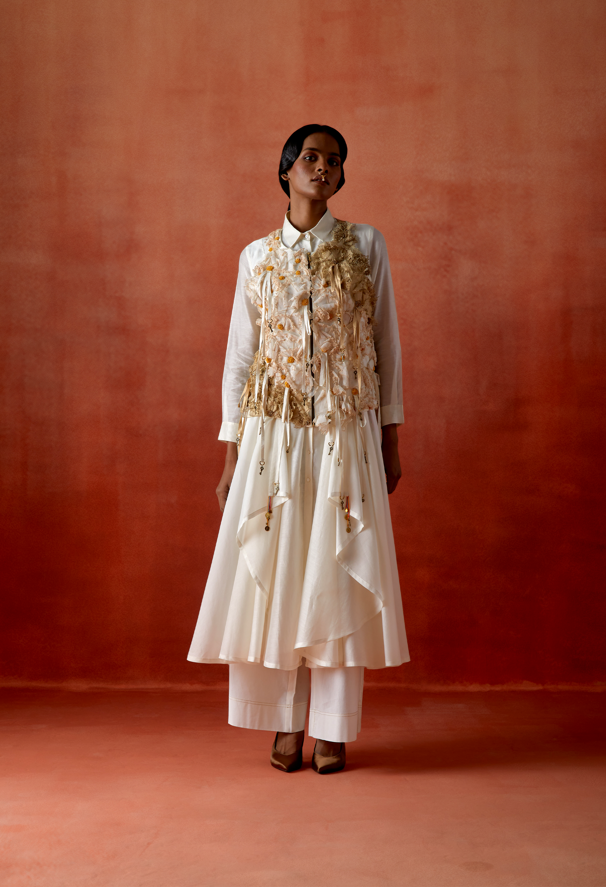 3D FLOWER RACER BACK JACKET + CASCADE SHIRT AND FLARED PANTS