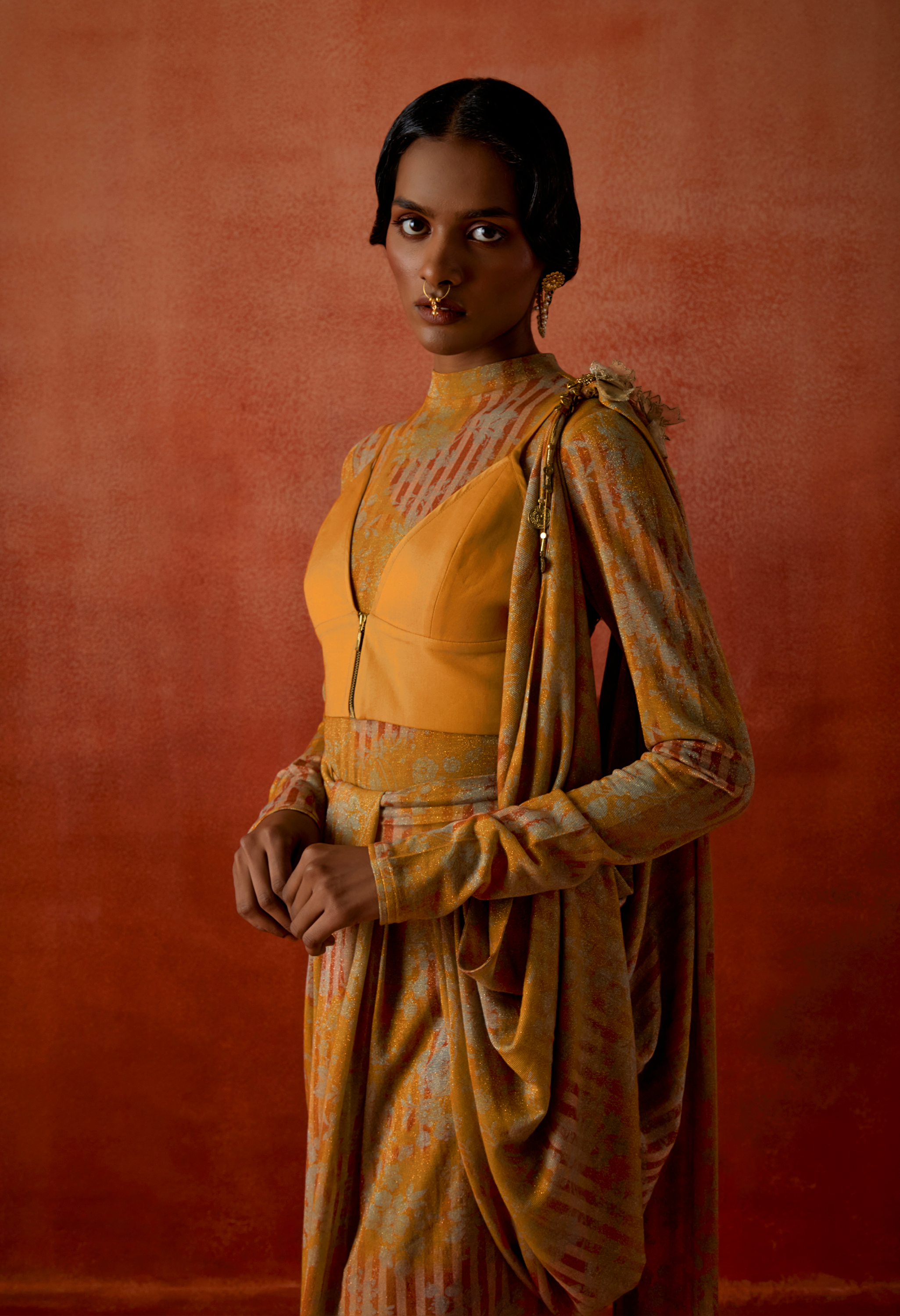 GOLD JERSEY DRAPED SARI + BODY SUIT + ZIPPERED BRALETTE