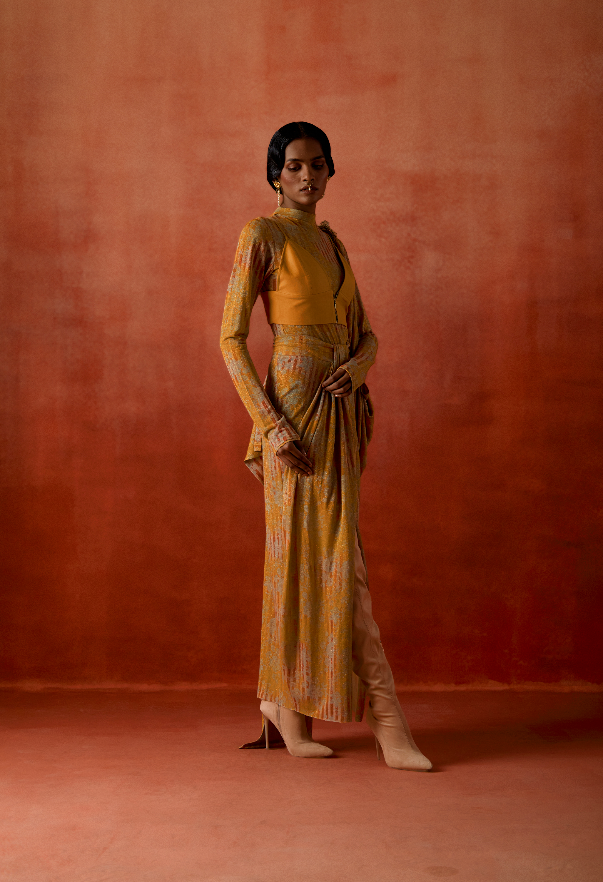 GOLD JERSEY DRAPED SARI + BODY SUIT + ZIPPERED BRALETTE