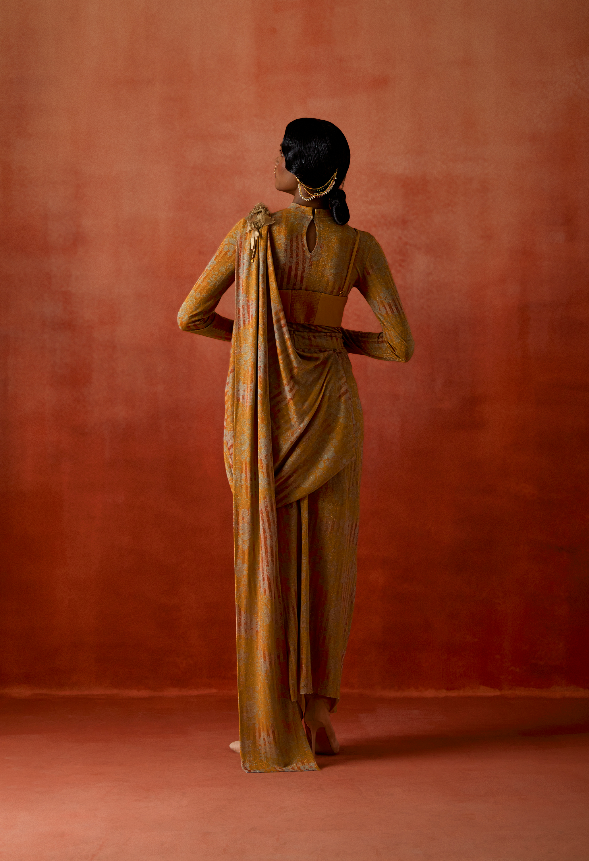 GOLD JERSEY DRAPED SARI + BODY SUIT + ZIPPERED BRALETTE