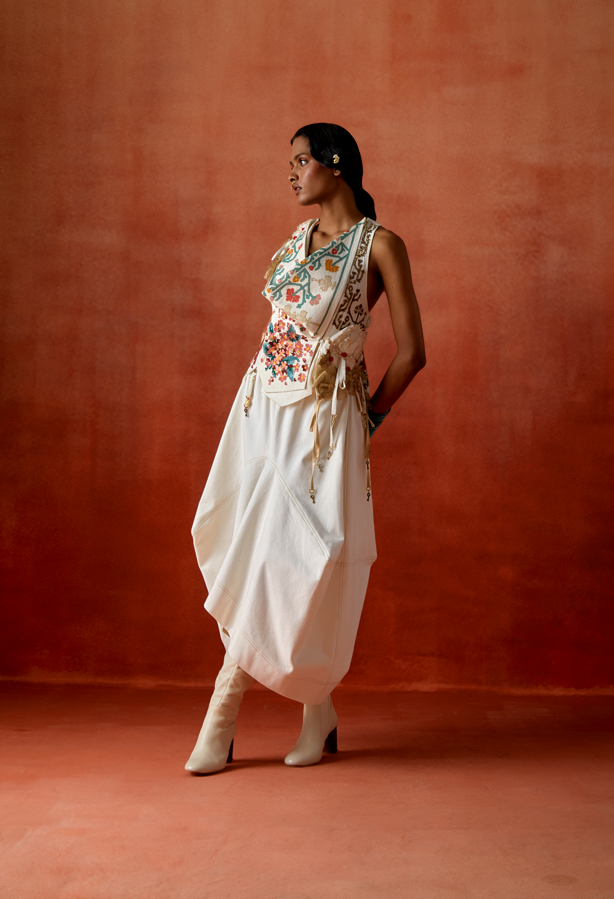 EMB ENGINEERED COWL RACER BACK JACKET + DENIM BARELL SKIRT