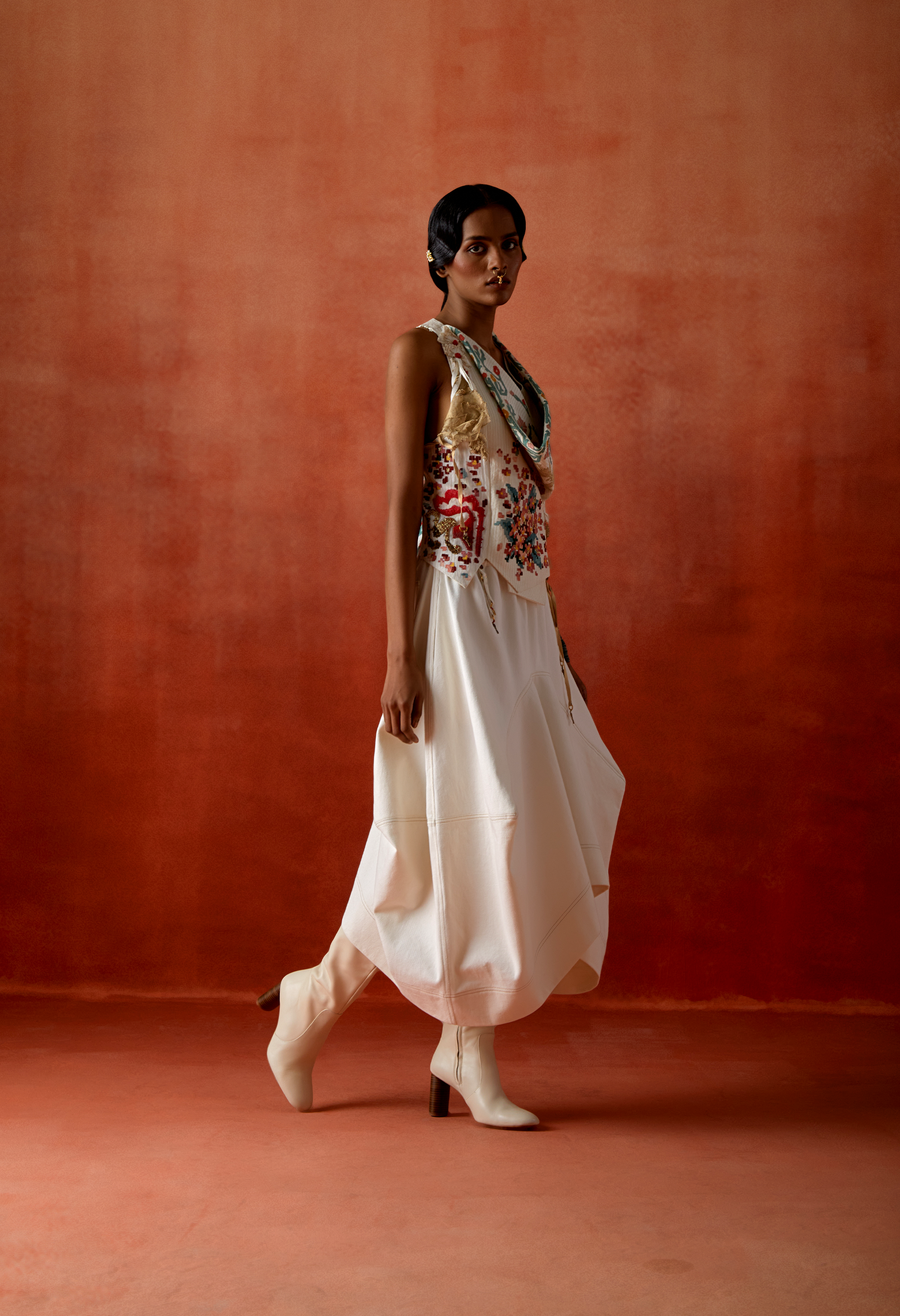 EMB ENGINEERED COWL RACER BACK JACKET + DENIM BARELL SKIRT