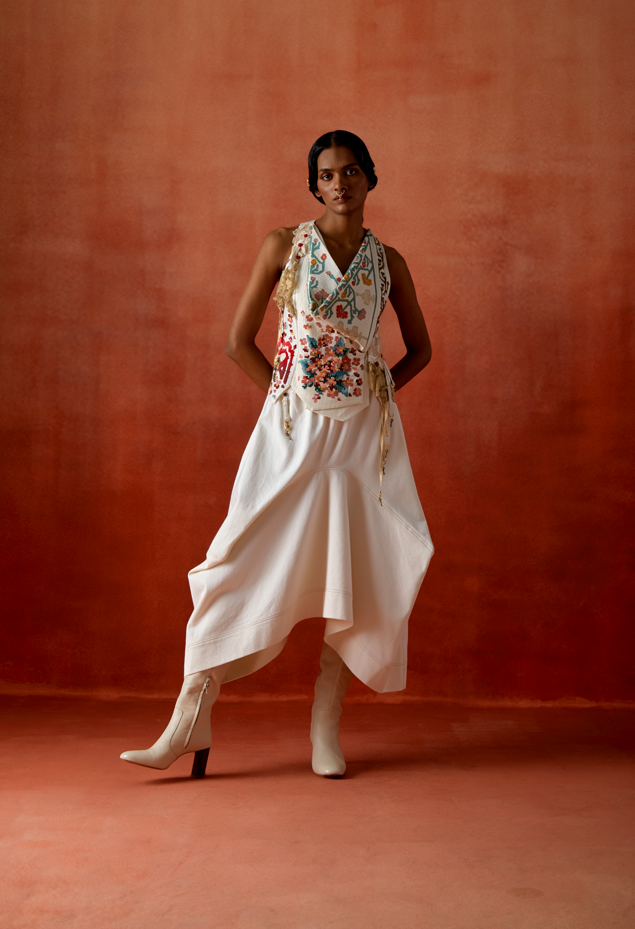 EMB ENGINEERED COWL RACER BACK JACKET + DENIM BARELL SKIRT