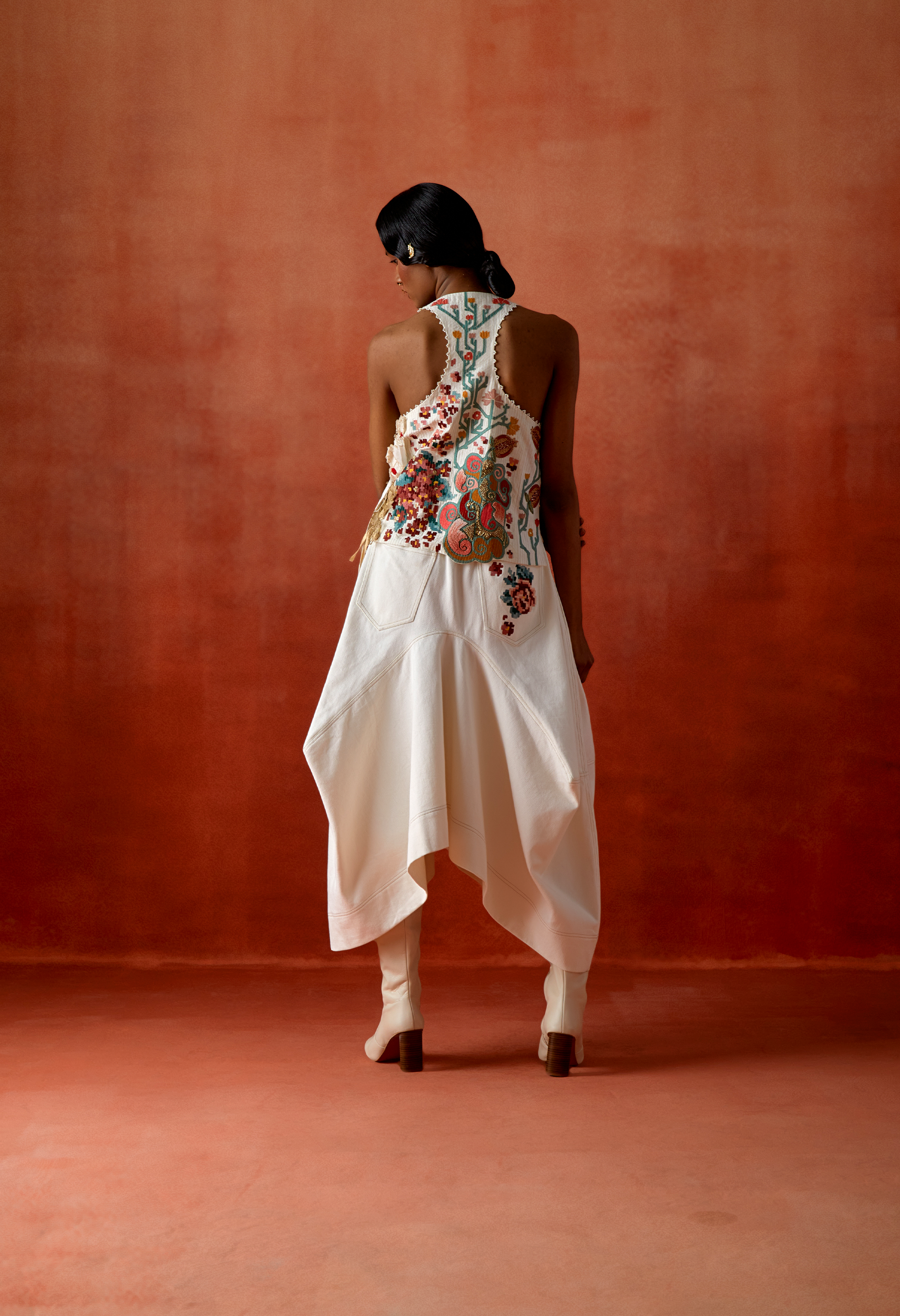 EMB ENGINEERED COWL RACER BACK JACKET + DENIM BARELL SKIRT