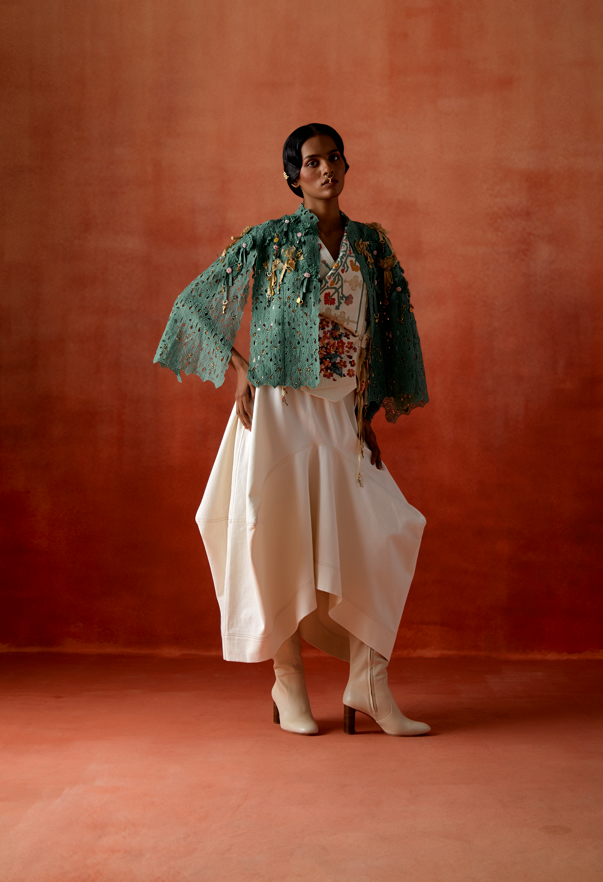 EMB ENGINEERED COWL RACER BACK JACKET + EMB CUTWORK CAPE + DENIM BARELL SKIRT