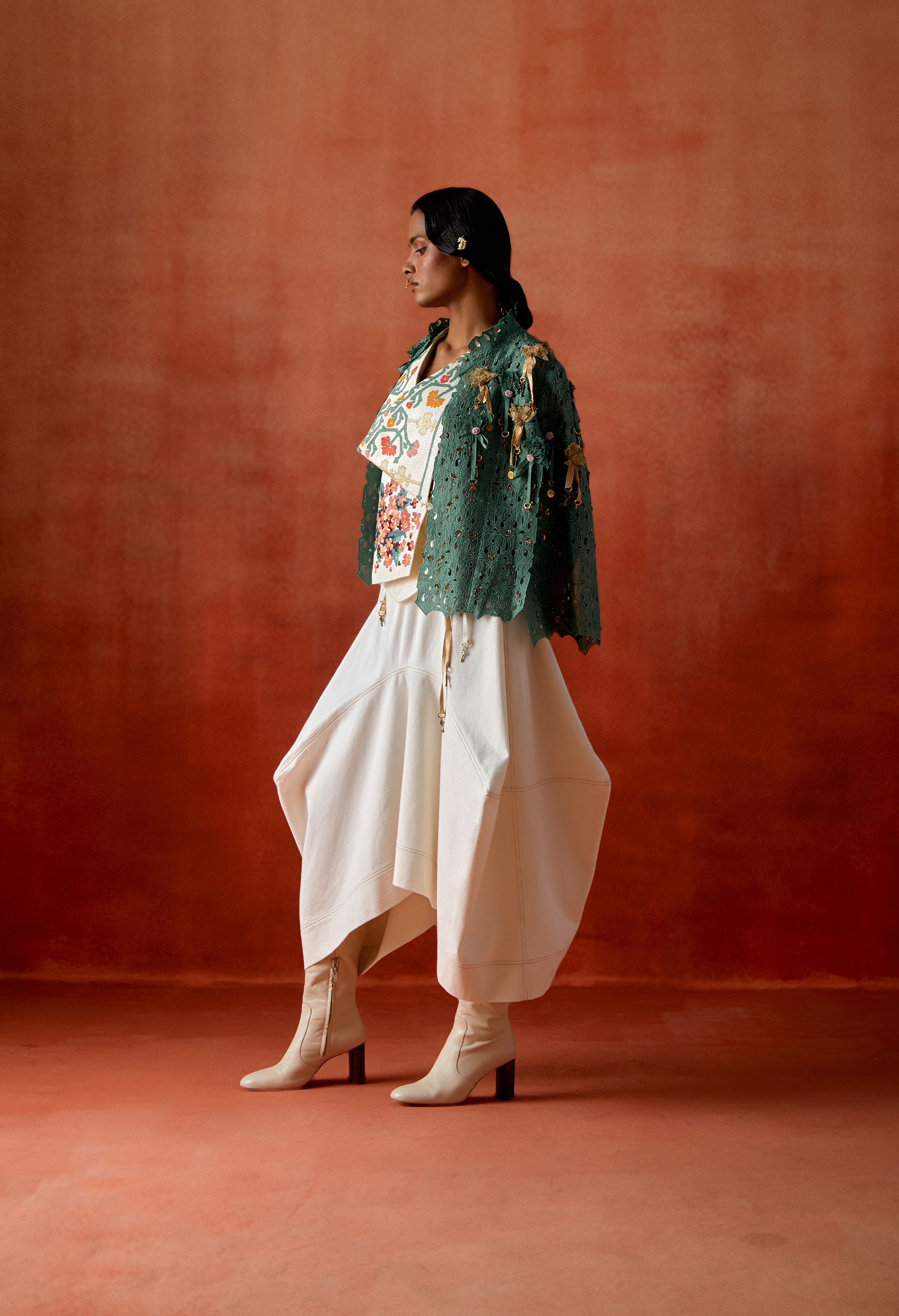 EMB ENGINEERED COWL RACER BACK JACKET + EMB CUTWORK CAPE + DENIM BARELL SKIRT