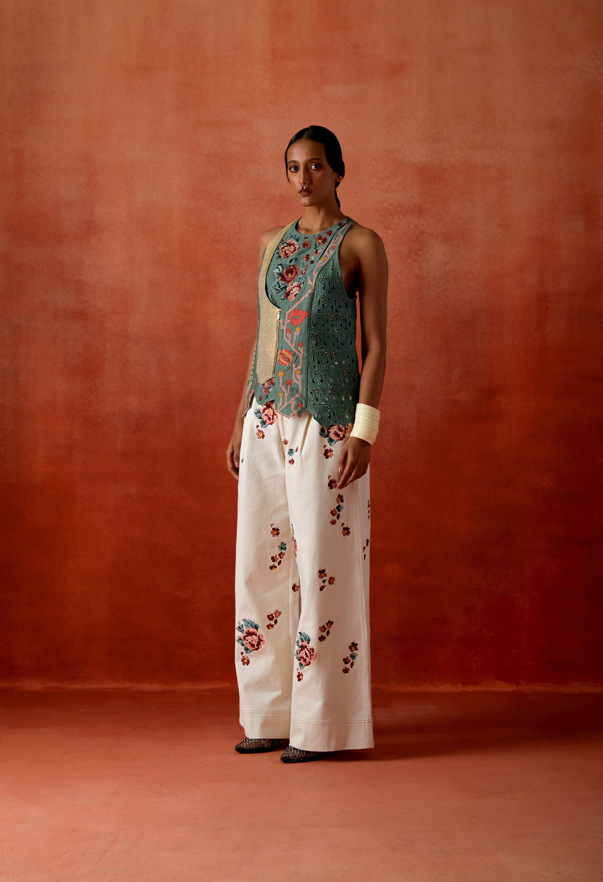 EMB RACERBACK ANGRAKHA STYLE JACKET WITH EMB DENIM PANTS