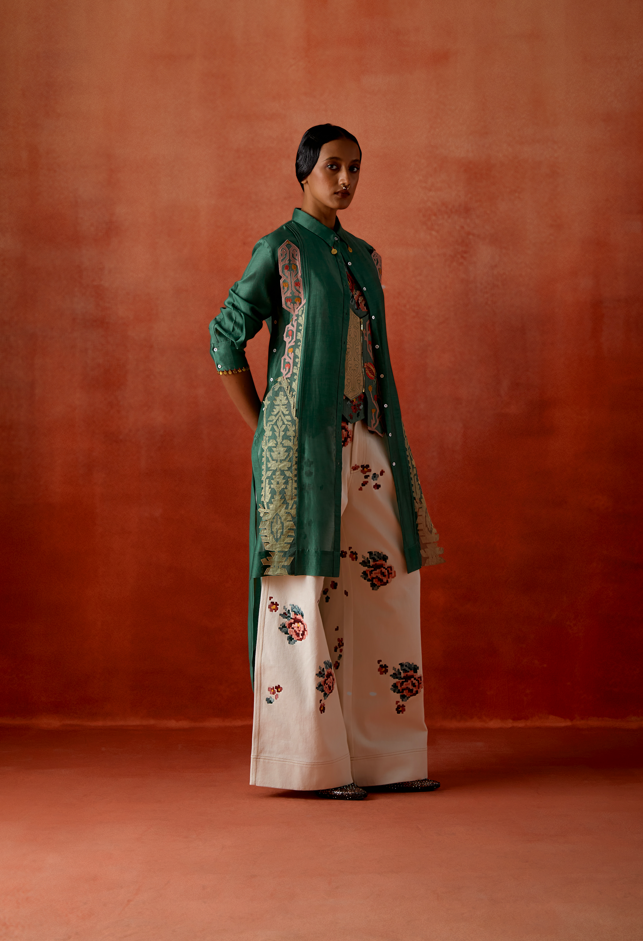 PLEATED SHIRT WITH EMB RACER BACK ANGRAKHA STYLE JACKET + EMB DENIM PANTS