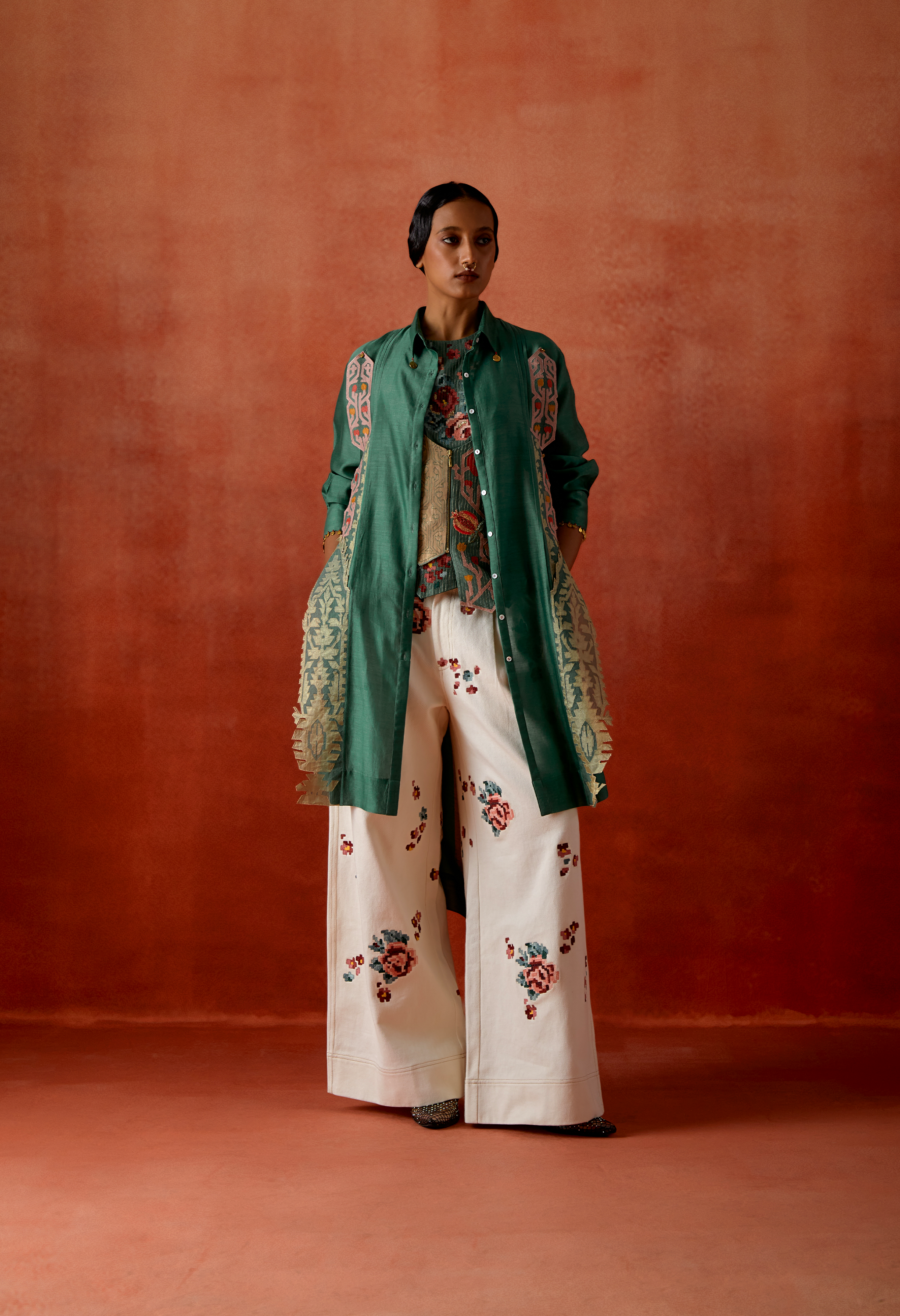 PLEATED SHIRT WITH EMB RACER BACK ANGRAKHA STYLE JACKET + EMB DENIM PANTS