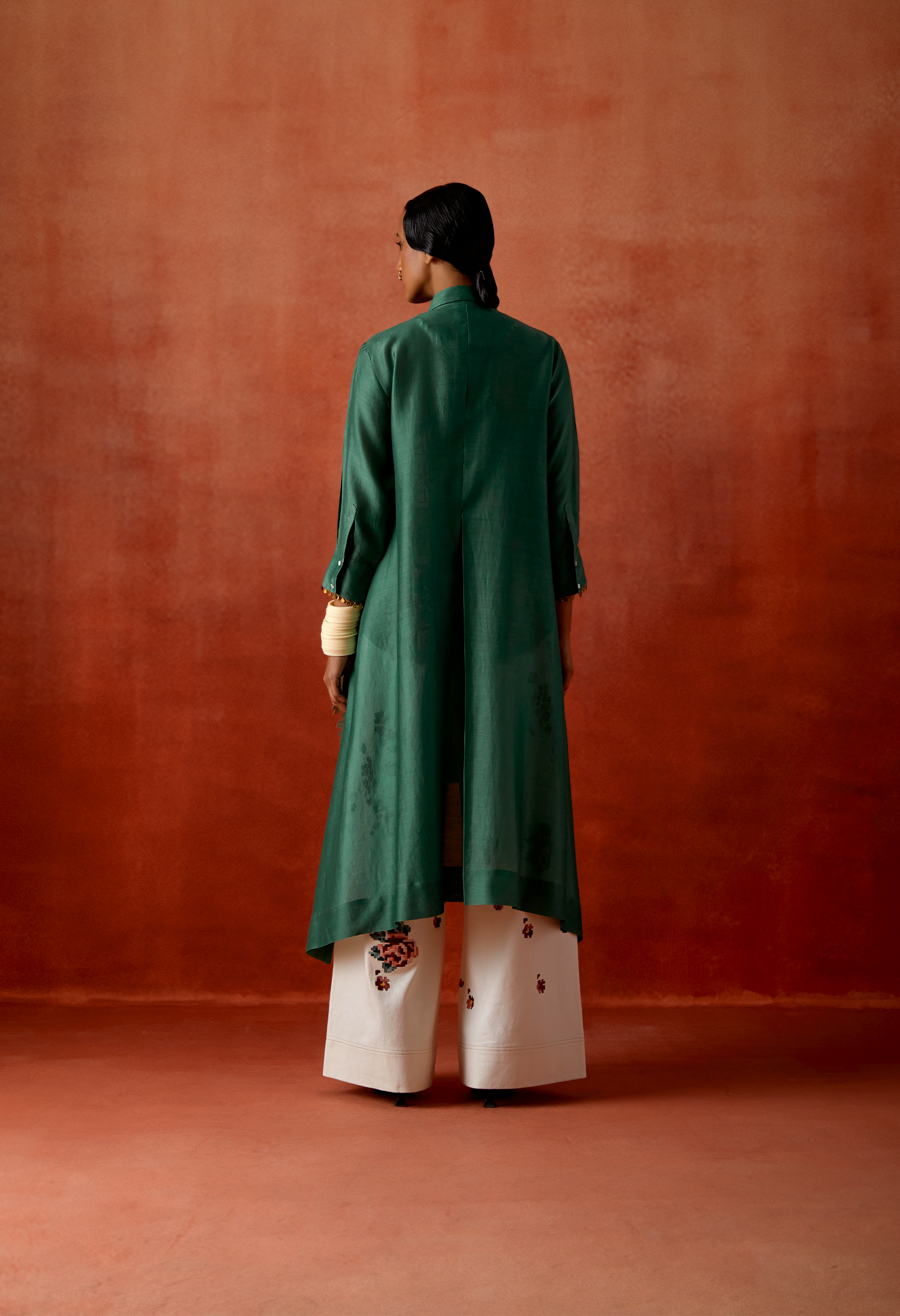 PLEATED SHIRT WITH EMB RACER BACK ANGRAKHA STYLE JACKET + EMB DENIM PANTS