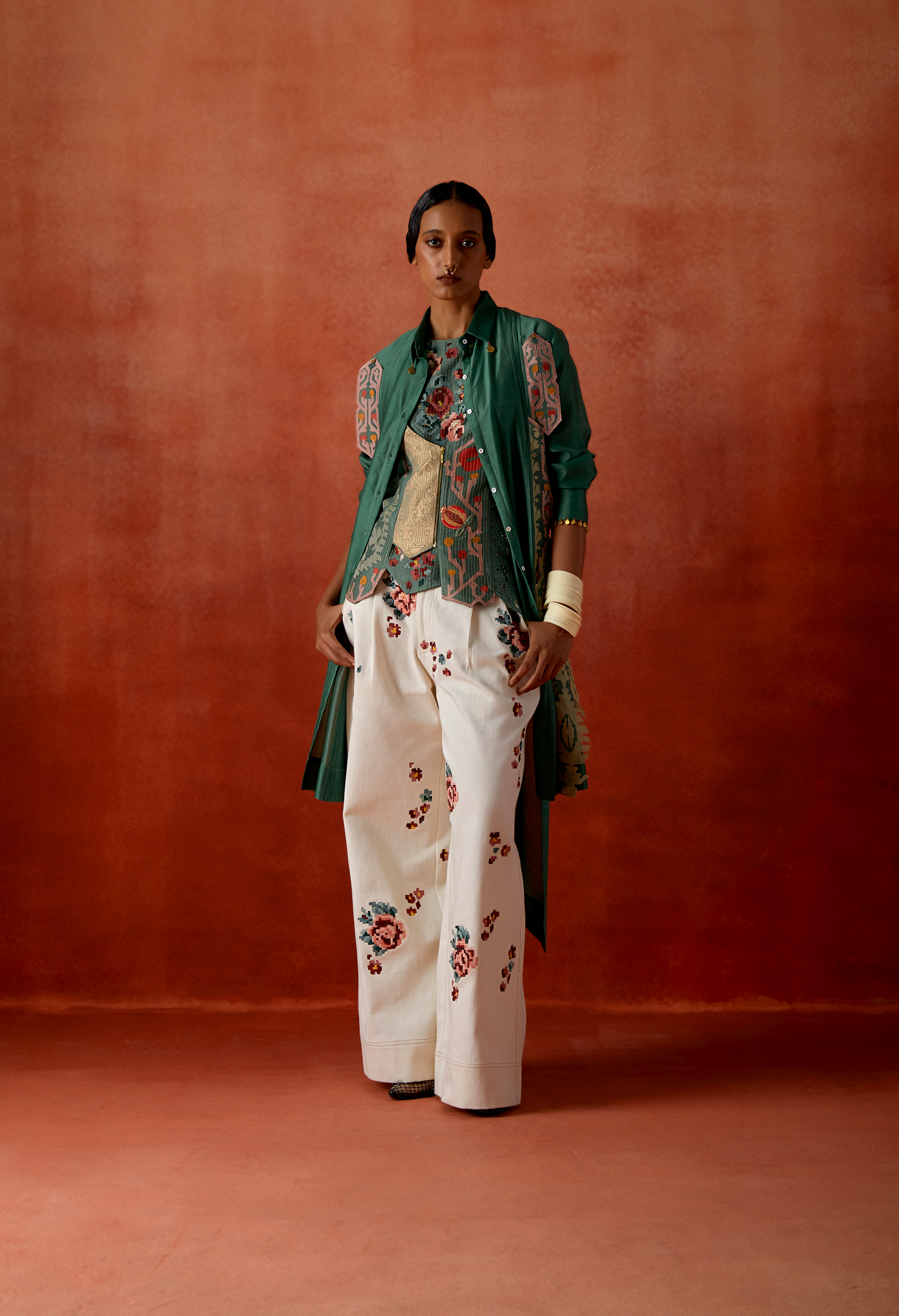 PLEATED SHIRT WITH EMB RACER BACK ANGRAKHA STYLE JACKET + EMB DENIM PANTS