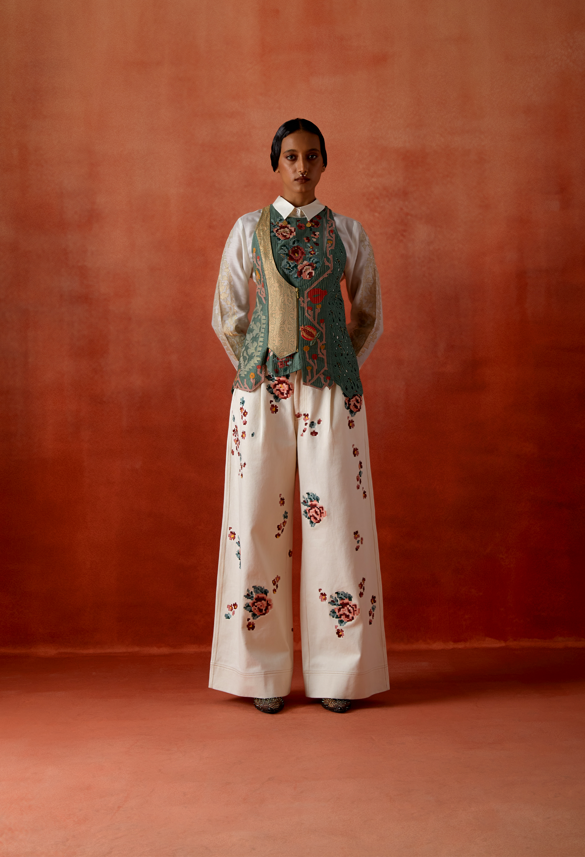 EMB SLEEVED SHIRT WITH EMB RACER BACK ANGRAKHA STYLE JACKET + EMB DENIM PANTS