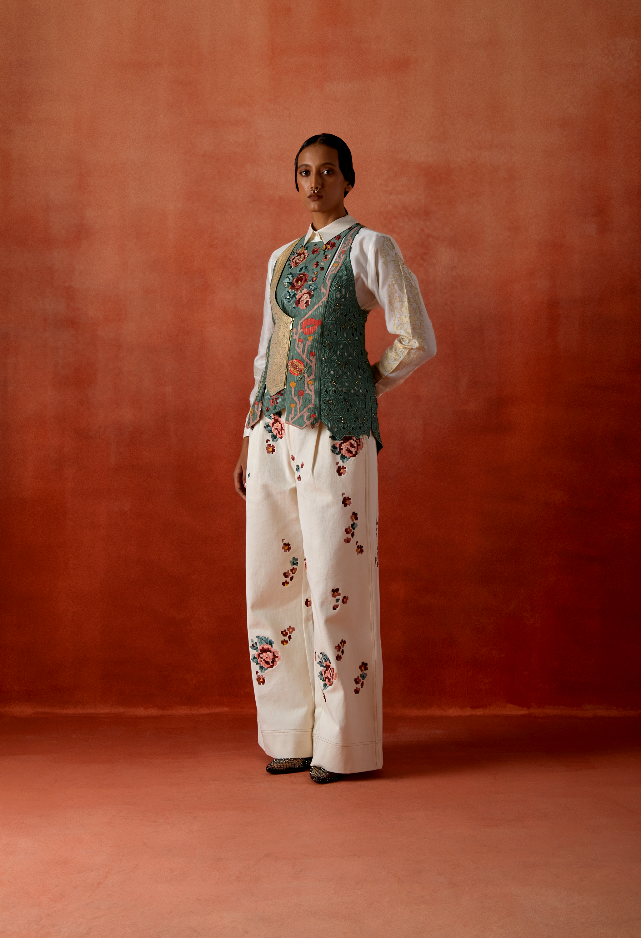 EMB SLEEVED SHIRT WITH EMB RACER BACK ANGRAKHA STYLE JACKET + EMB DENIM PANTS