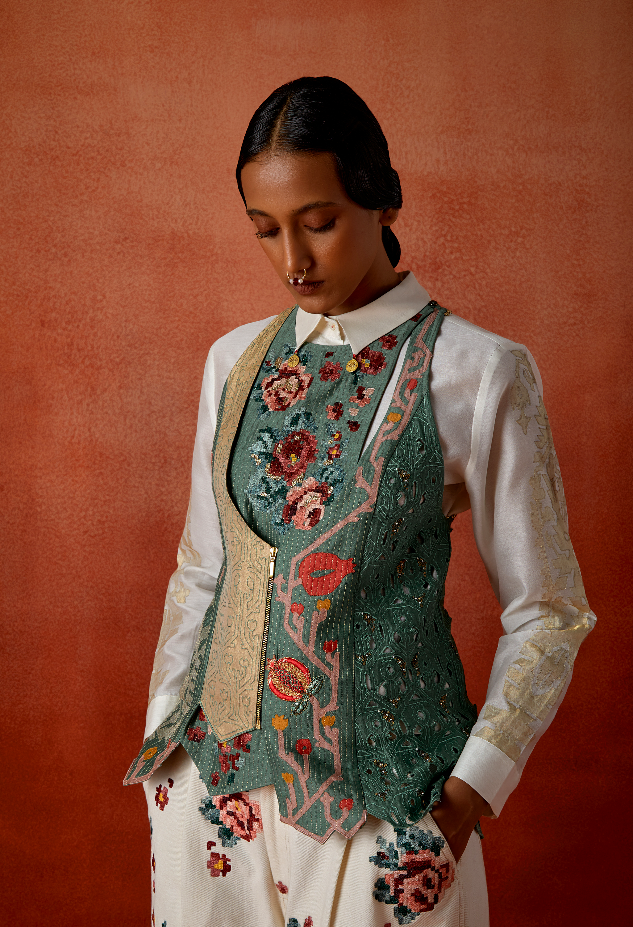 EMB SLEEVED SHIRT WITH EMB RACER BACK ANGRAKHA STYLE JACKET + EMB DENIM PANTS