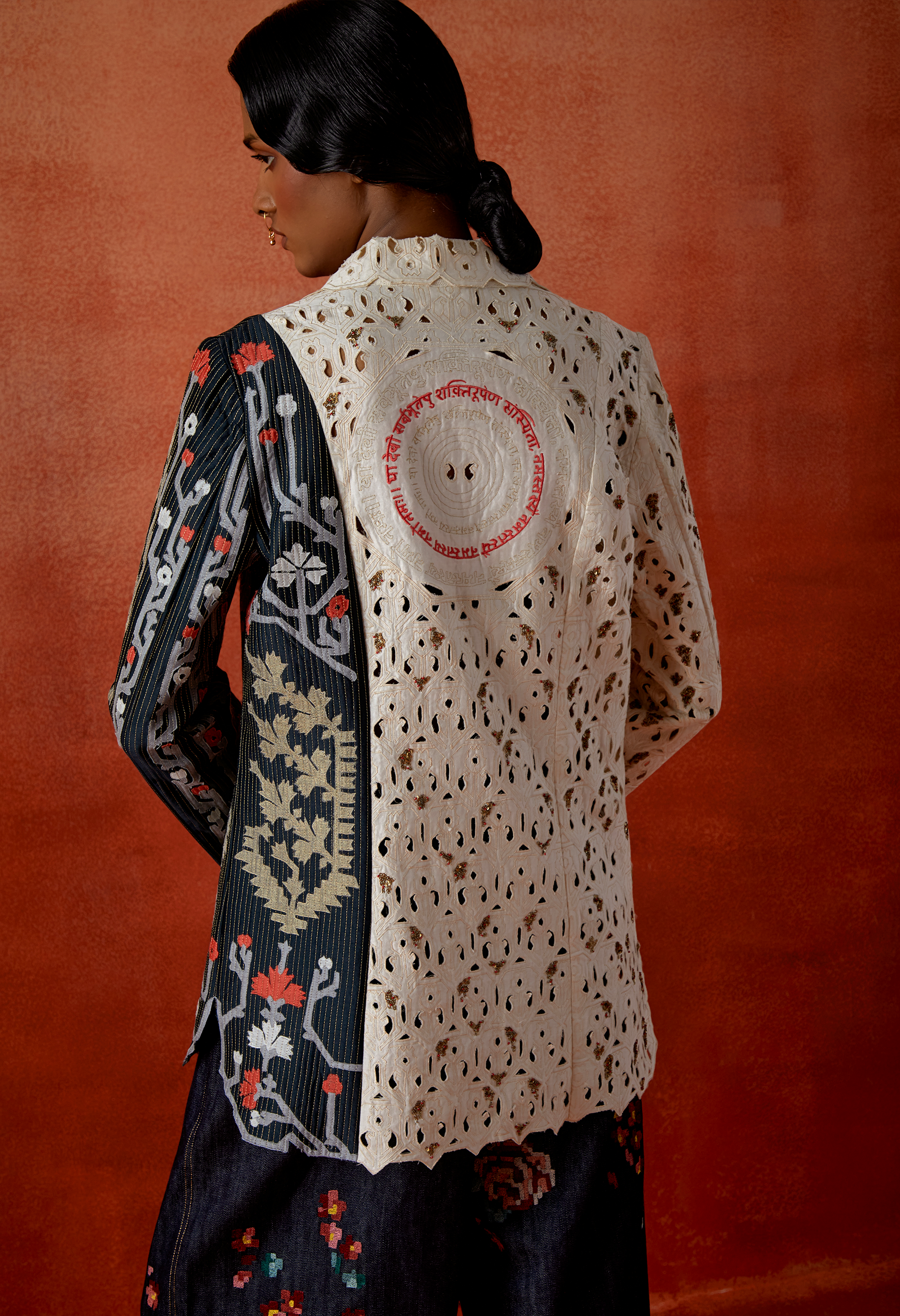 TRI COLOR KNOTCH COLLAR JACKET WITH EMB DENIM PANTS