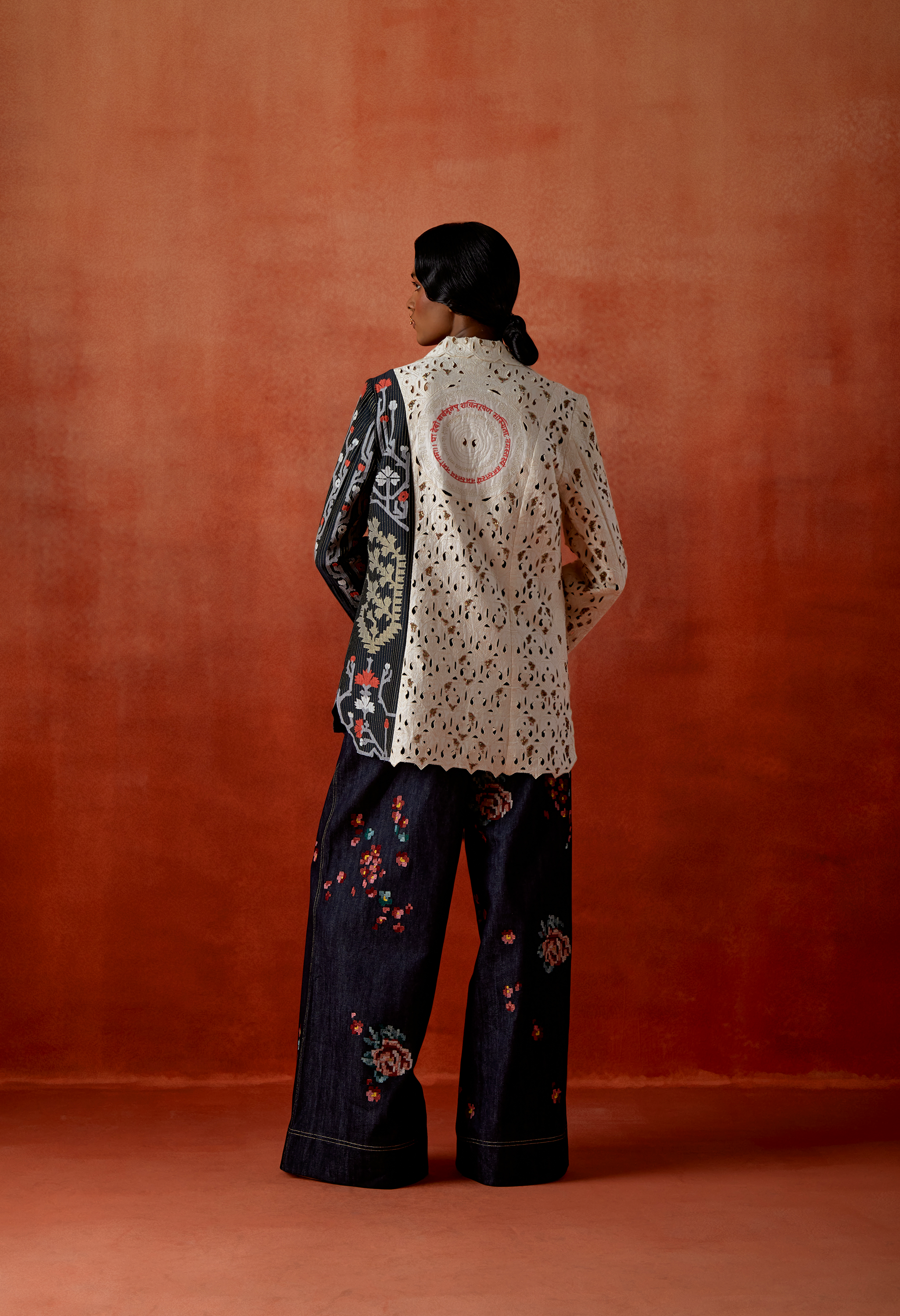 TRI COLOR KNOTCH COLLAR JACKET WITH EMB DENIM PANTS