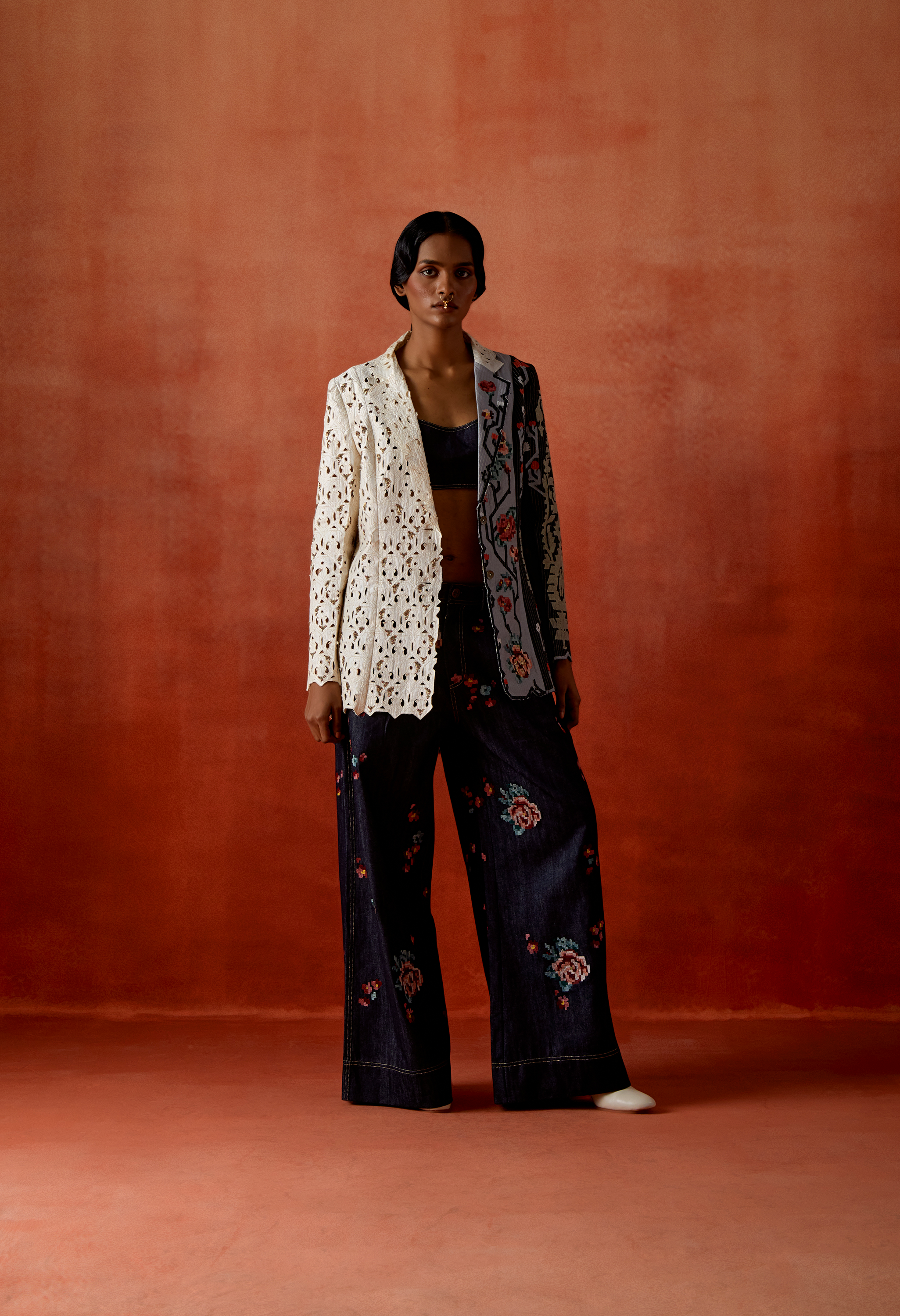 TRI COLOR KNOTCH COLLAR JACKET WITH EMB DENIM PANTS