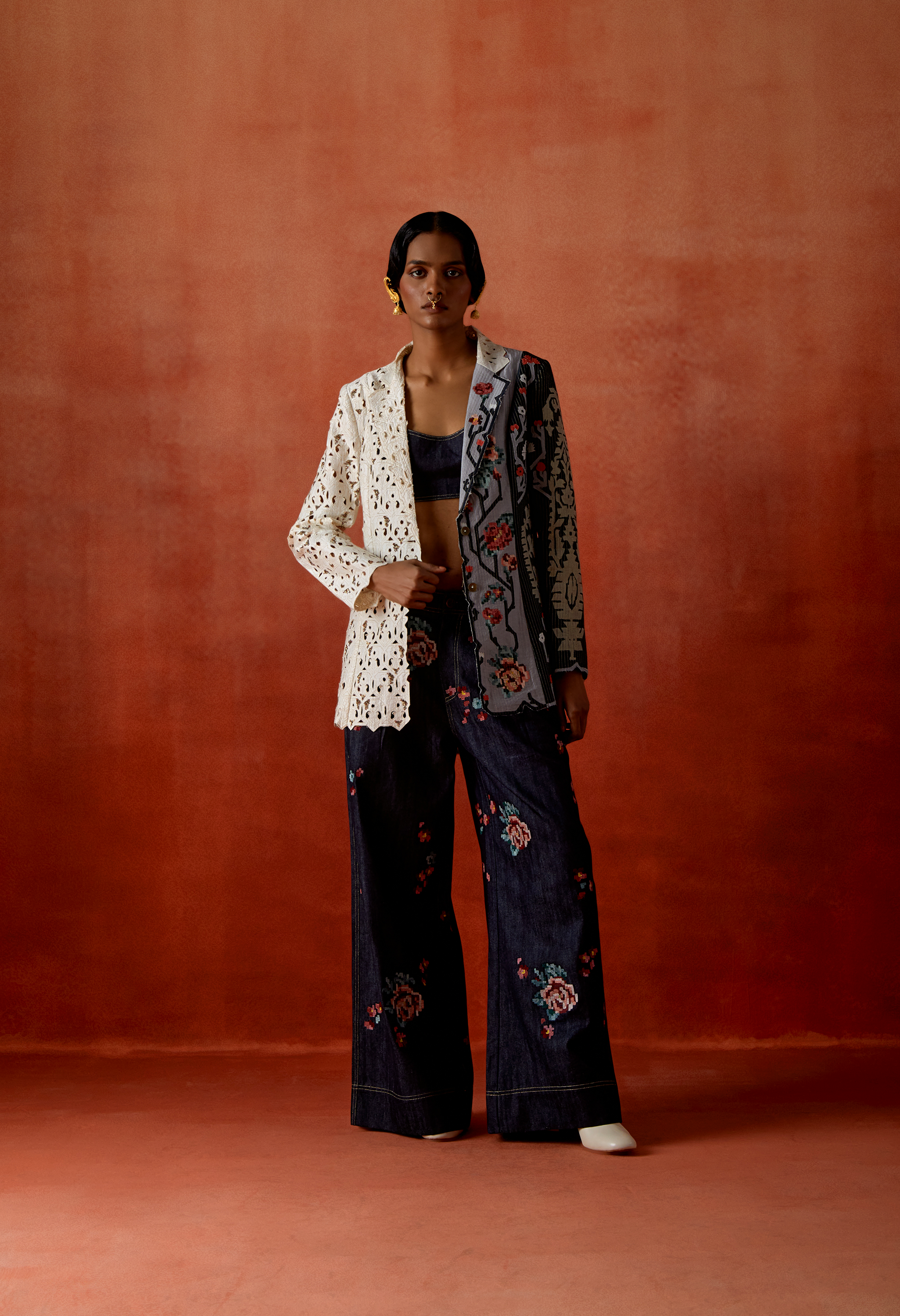 TRI COLOR KNOTCH COLLAR JACKET WITH EMB DENIM PANTS