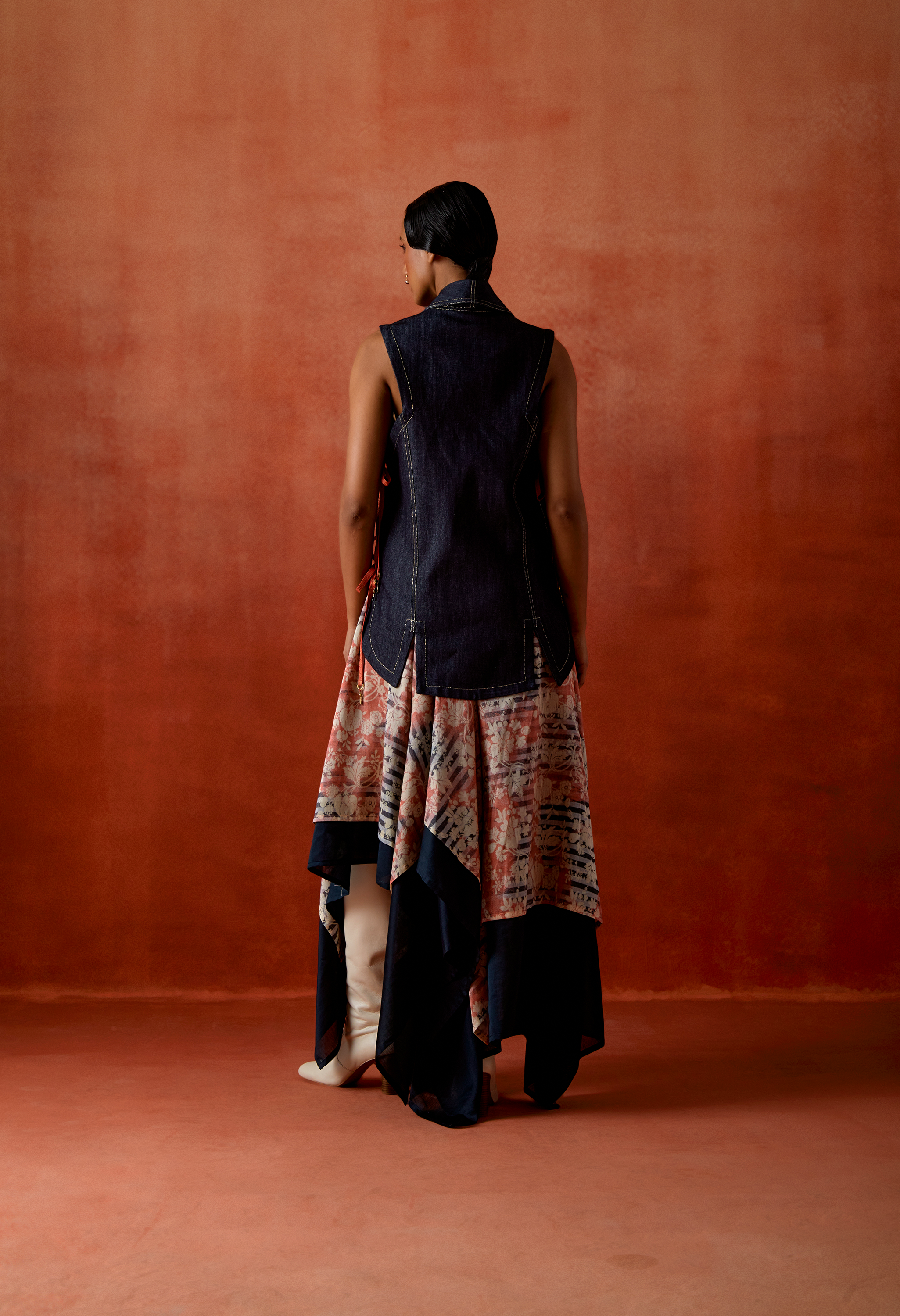 DENIM OVERLAP JACKET + ZIPPERED ASSYMTRICAL DOUBLE LAYERED SKIRT