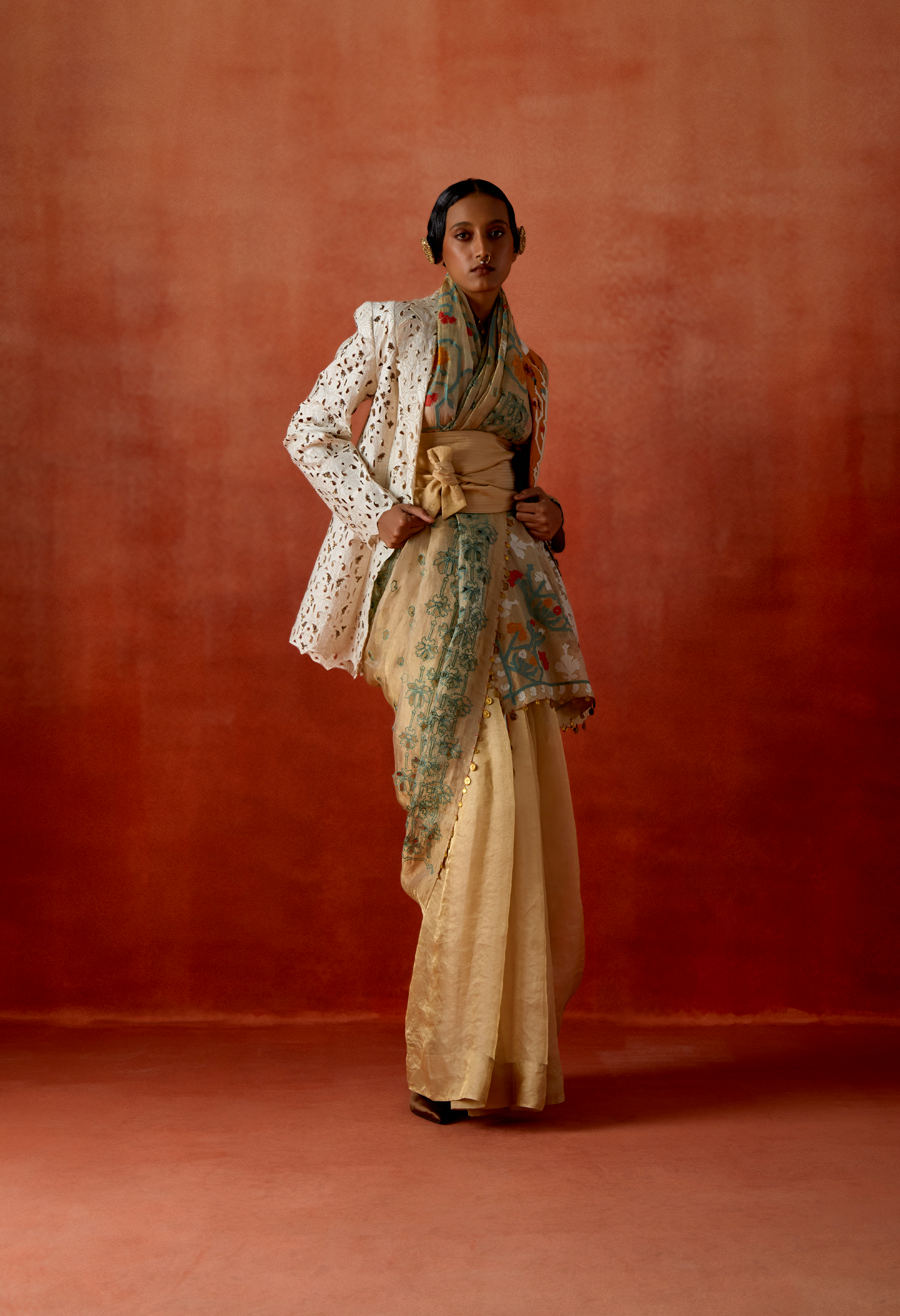 EMBROIDERED GOLD TISSUE SARI WITH TRI COLORED KNOTCH COLLAR JACKET AND BELT