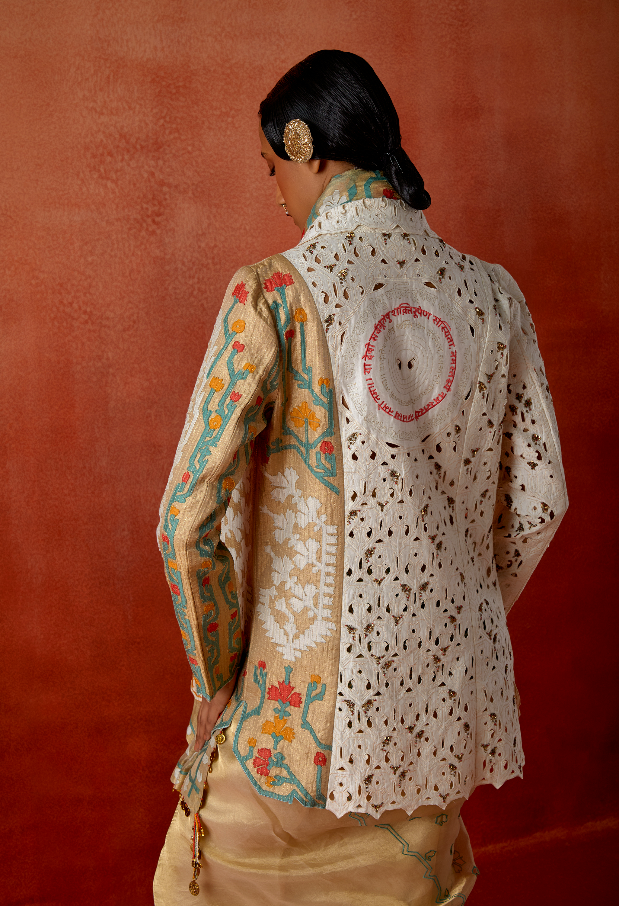 EMBROIDERED GOLD TISSUE SARI WITH TRI COLORED KNOTCH COLLAR JACKET AND BELT