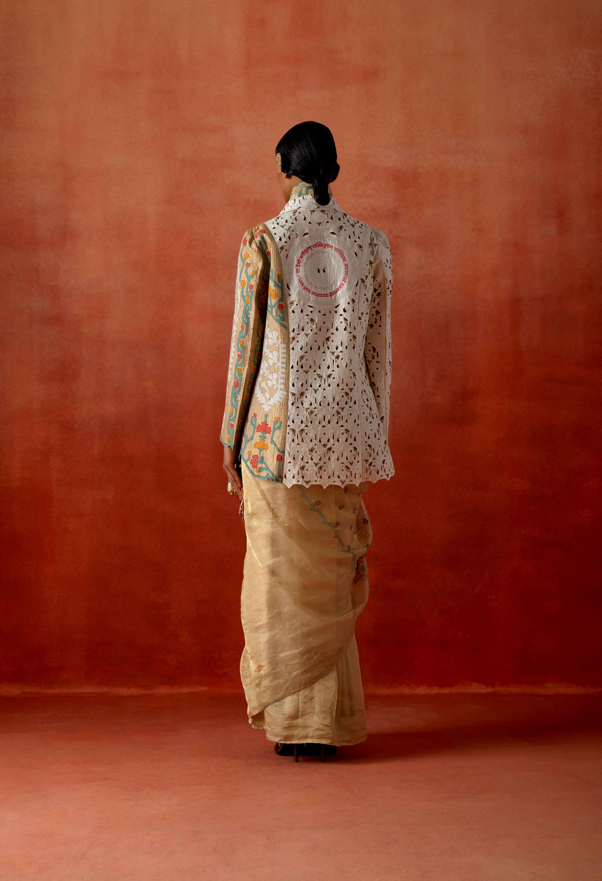 EMBROIDERED GOLD TISSUE SARI WITH TRI COLORED KNOTCH COLLAR JACKET AND BELT